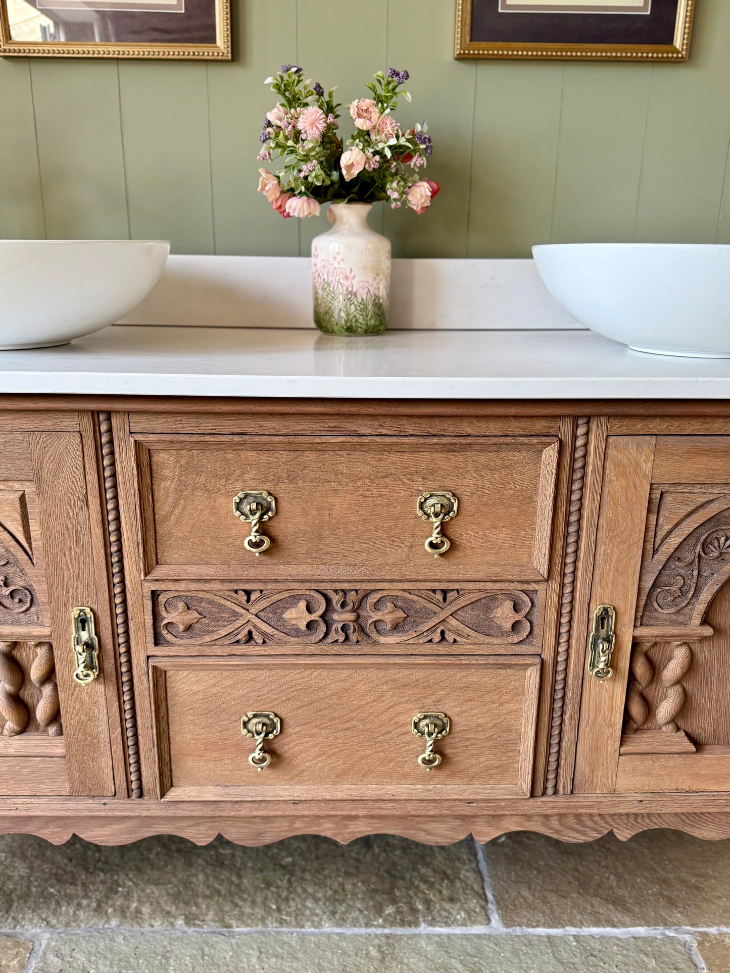 Large Oak Vanity Sink, Carrara Quartz top, Upstand and two basins. (154cm wide)