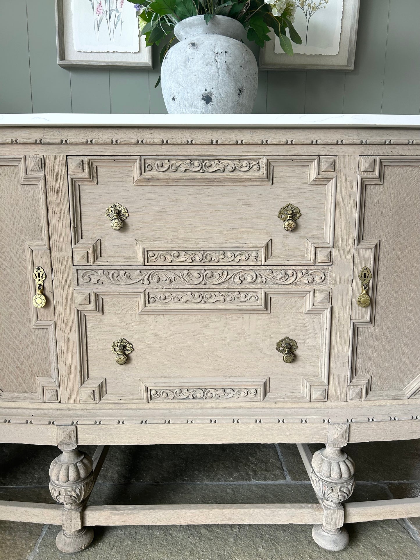 Vintage Rustic Oak Ornate Carved Sideboard with Quartz Top