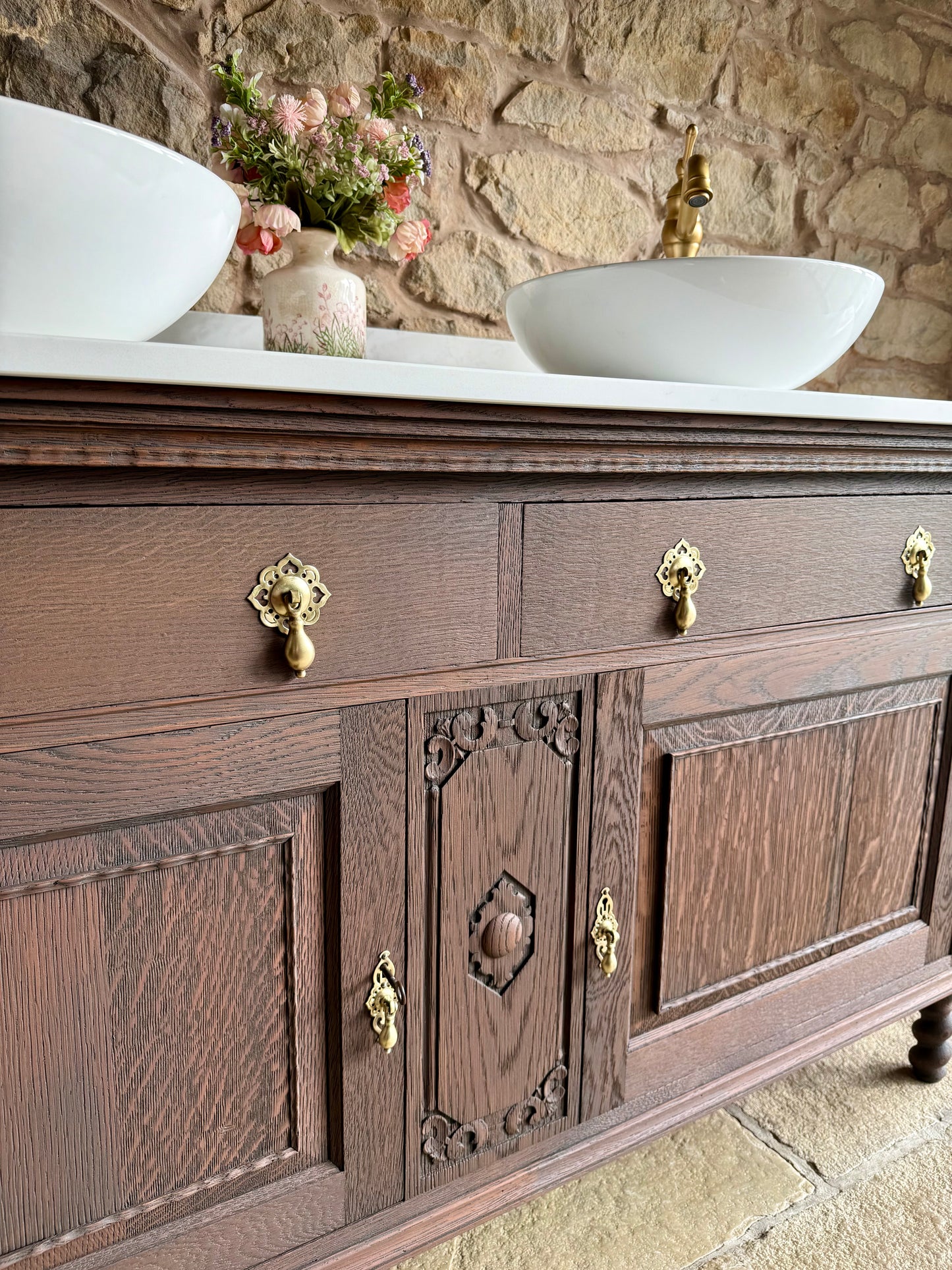 Vintage Solid Oak Vanity Sink, in a Classic Dark Oak, Quartz Top, Upstand and two basins