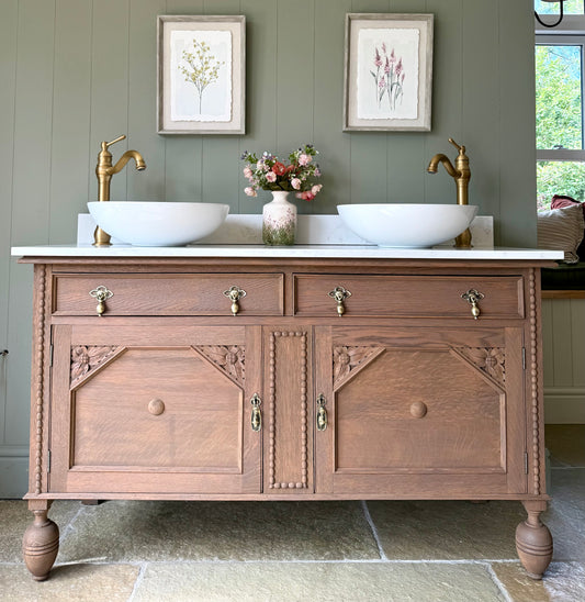 Beautiful Vintage  Double Vanity, Solid Oak, Carrara Quartz top, Upstand and Two basins.(139cm wide)
