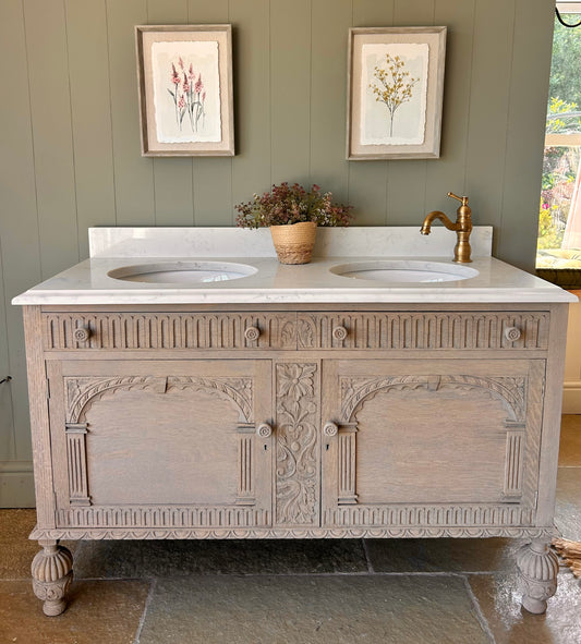 Vintage Light Oak Double Vanity Unit with undermount basins, Ogee edge and upstand.