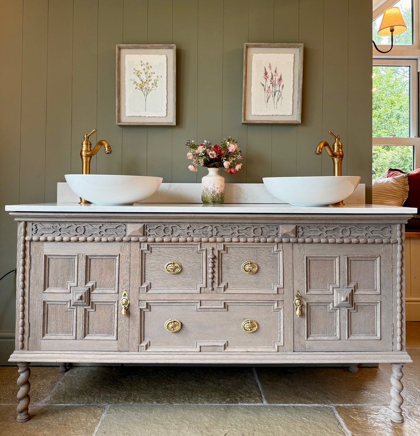 Large Vintage Light Solid Oak Vanity Sink, Carrara Quartz top, Upstand and two basins. (153cm wide)
