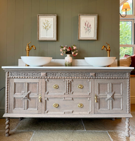 Large Vintage Light Solid Oak Vanity Sink, Carrara Quartz top, Upstand and two basins. (153cm wide)