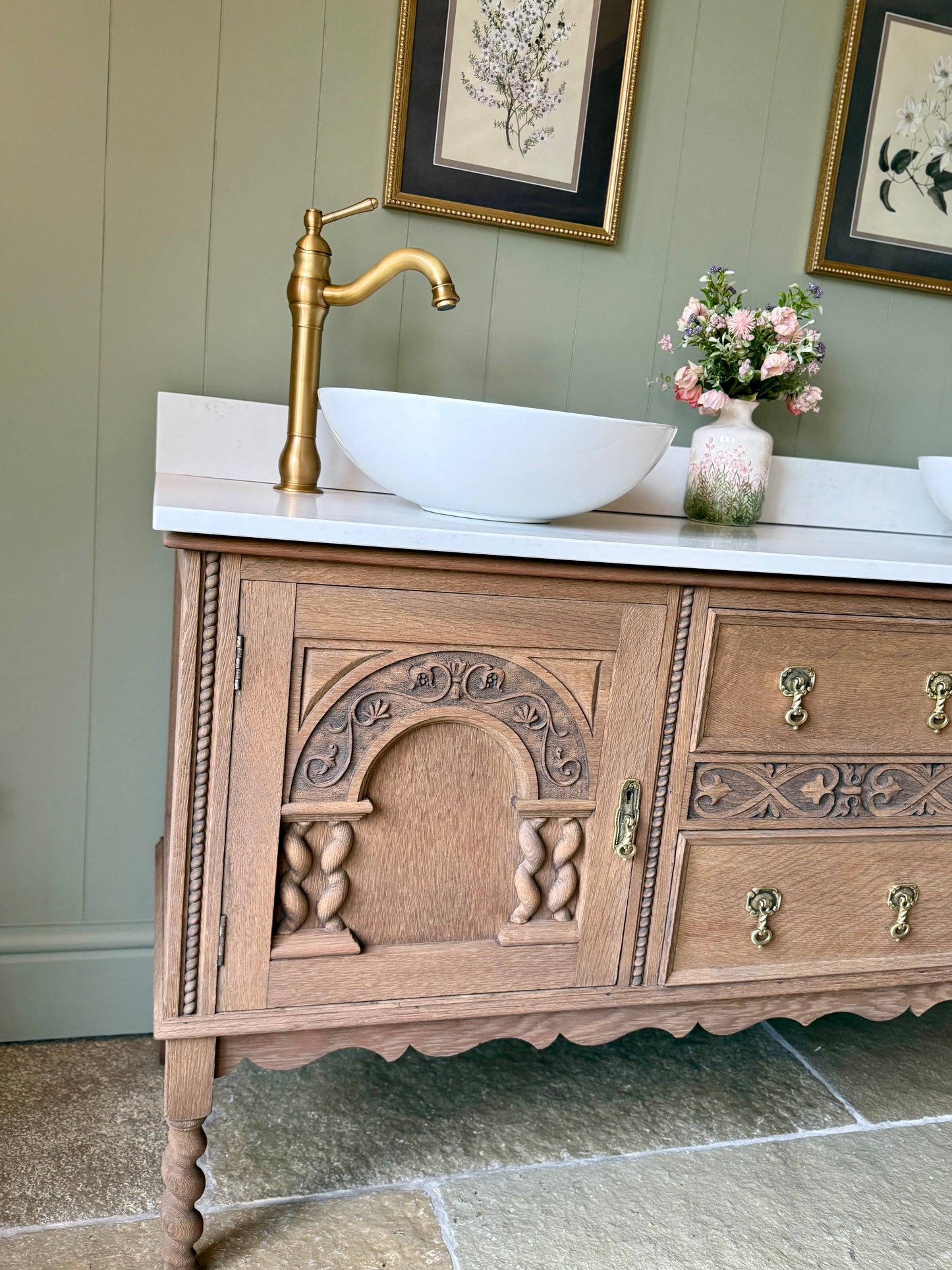 Large Oak Vanity Sink, Carrara Quartz top, Upstand and two basins. (154cm wide)