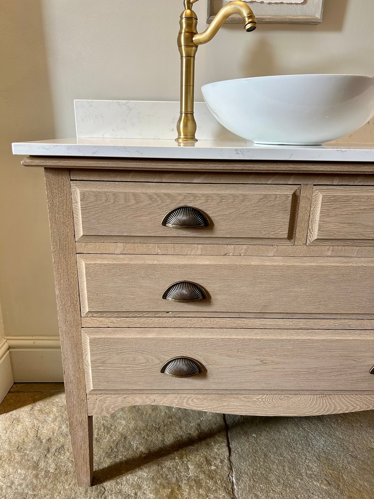 Large Vintage Vanity Sink Finished in weathered oak with quartz/marble top and Upstand (106cm wide)