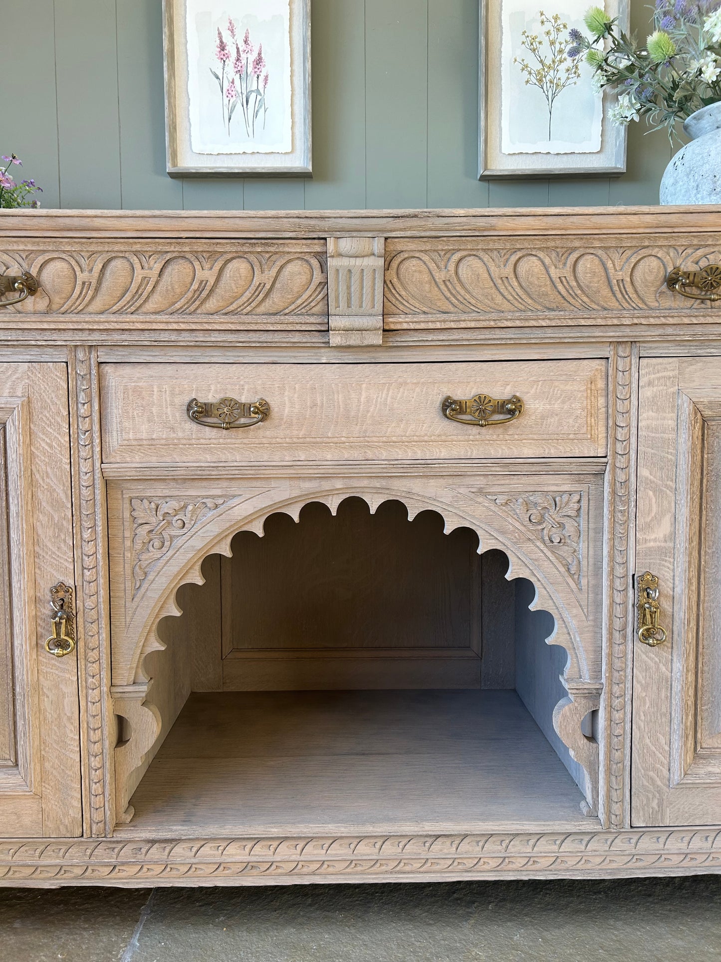 Large Vintage Weathered Oak Sideboard with Ornate Detailing.