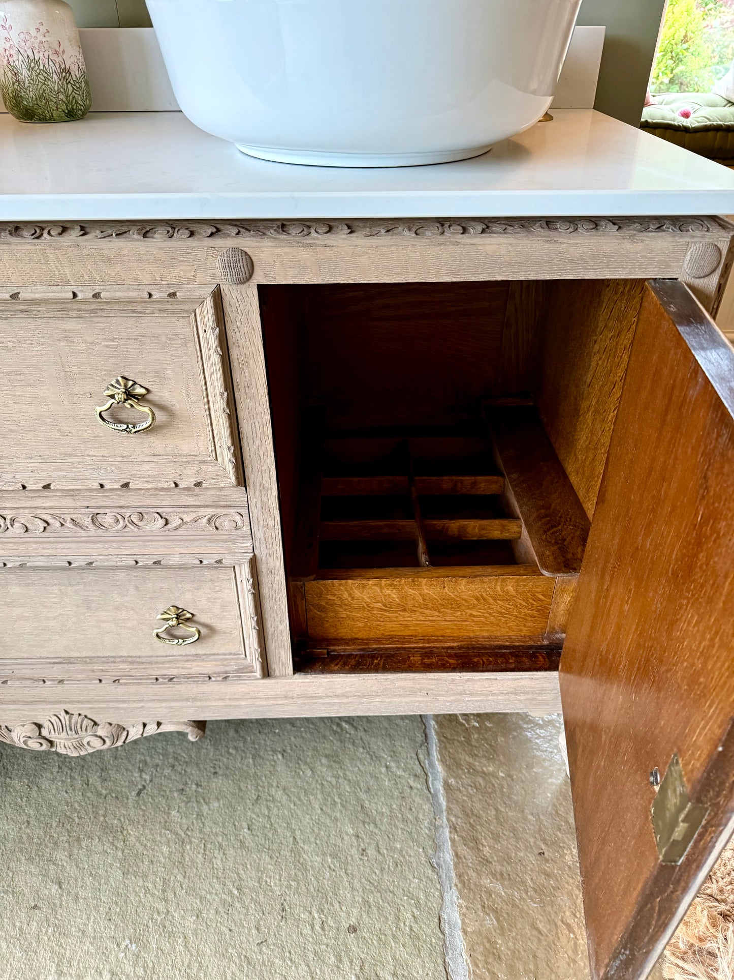 Pretty Solid Oak Double Vanity Sink Unit finished in a light weathered oak, Carrara Quartz top, Upstand and two basins. ( 148cm wide)
