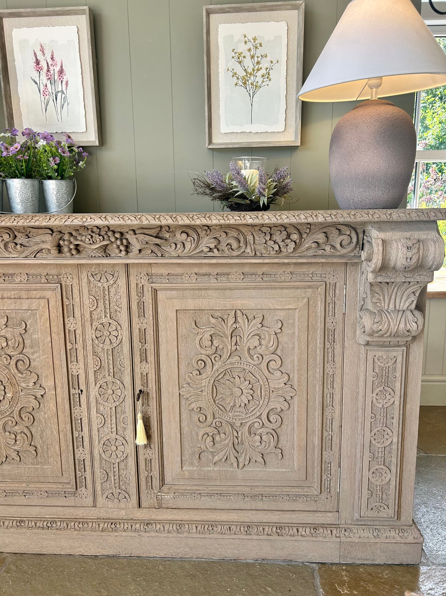 Ornate antique Sideboard Console Solid Oak finished in a light weathered oak style.