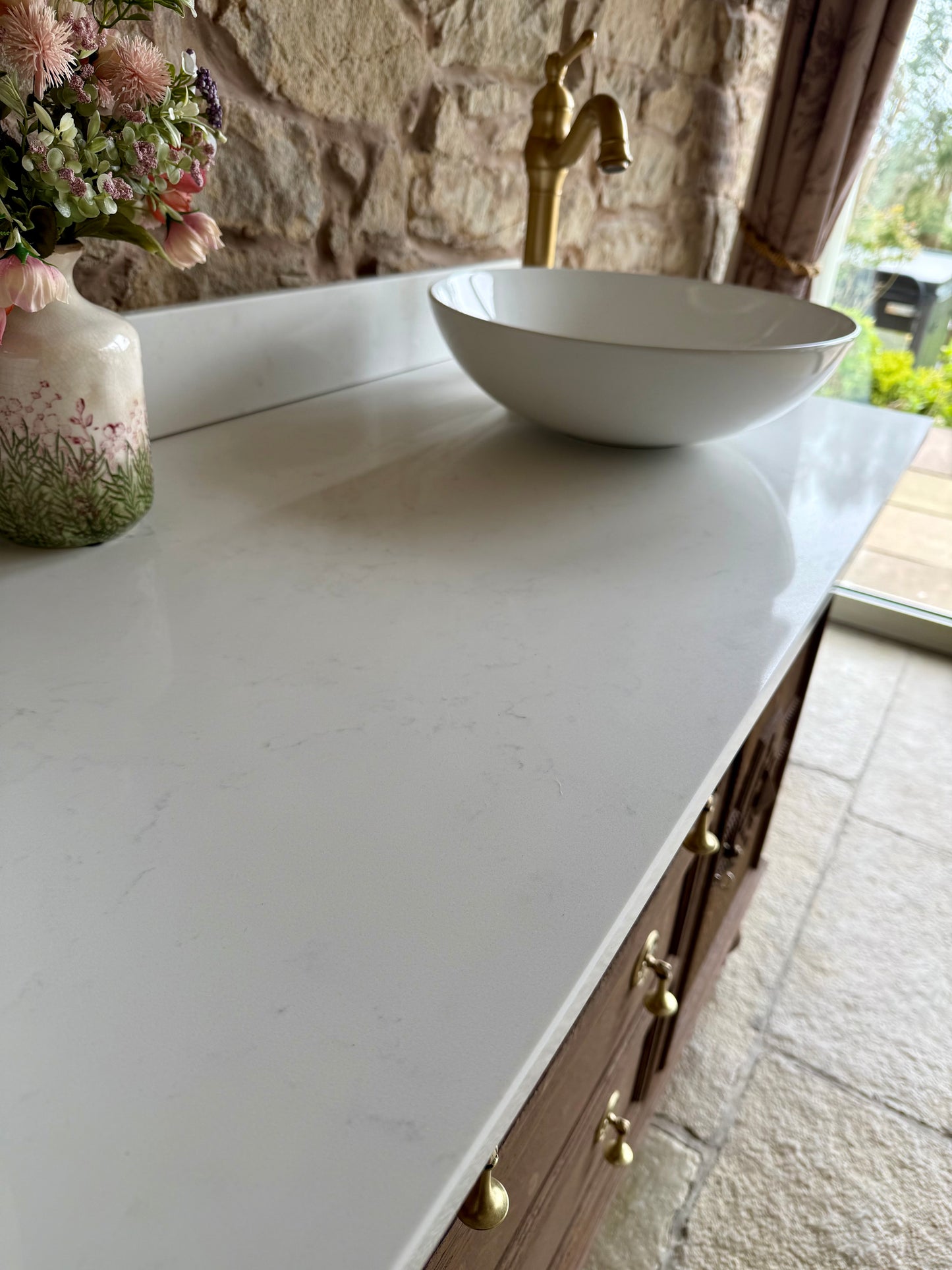 Vintage Solid Oak Vanity Sink, Quartz Top, Upstand and Basins (154cm wide)