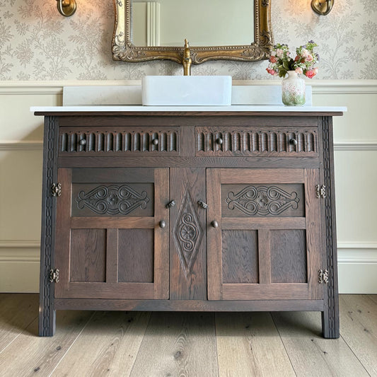 Vintage Classic Dark Oak Vanity Sink Unit, Carrara Quartz top, Upstand and Basin (132cm wide)