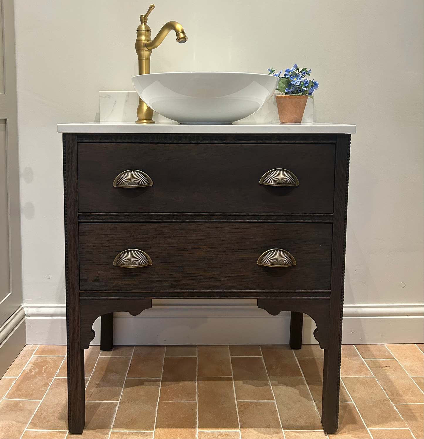 Small Vanity Sink with quartz top, Upstand and countertop basin 69.5cm wide