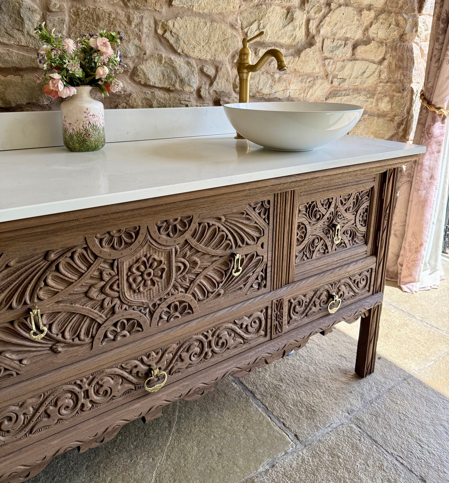 Large Ornate Warm Oak Vintage Vanity Sink Unit, Carrara Quartz Worktop, Upstand and Two Basins (185cm wide)