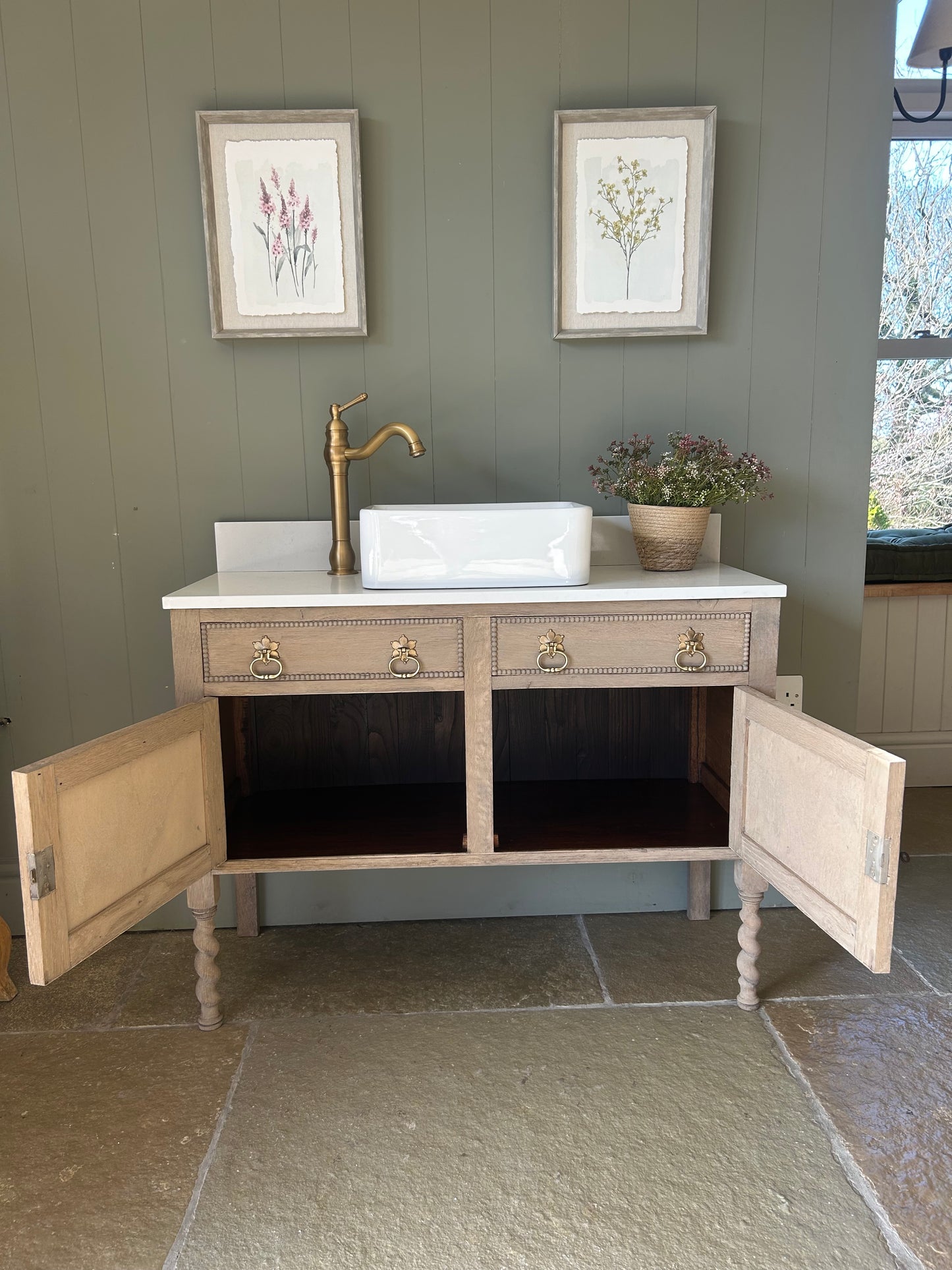 Rustic light Oak Vanity sink with quartz top, basin and Upstand.