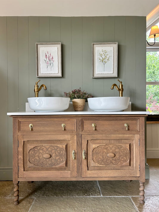 Vintage Mid Oak Double Vanity Sink, Carrara Quartz Top, Upstand and two countertop basins. (124cm wide)