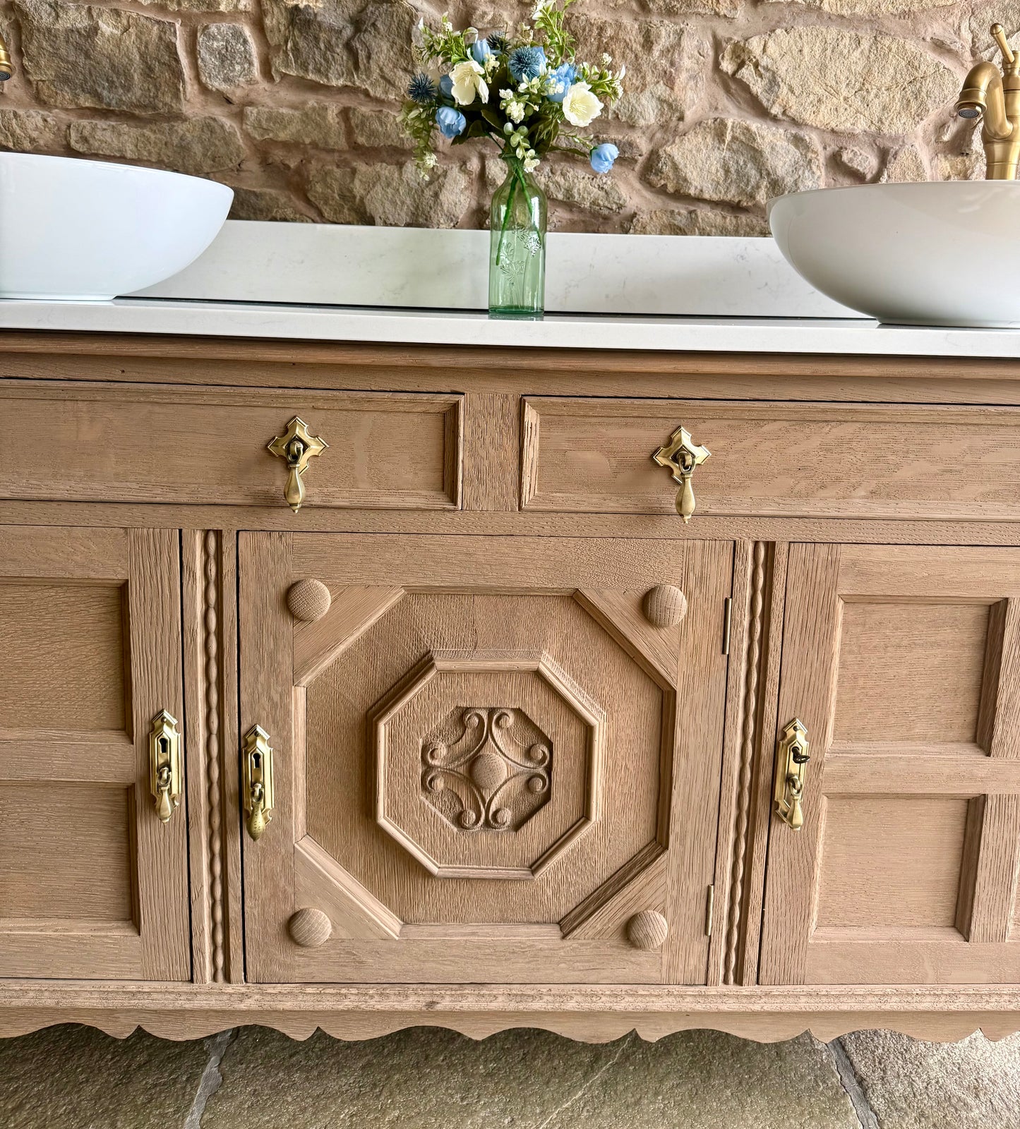 Large Vintage Oak Double Vanity Sink, Quartz Top, Upstand and two basins. (155cm wide)
