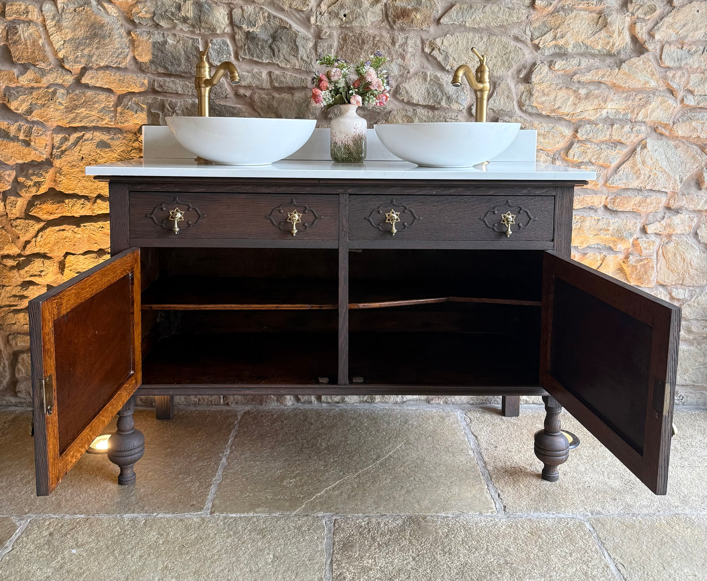 Classic Dark Oak Vintage Vanity Sink Unit, Quartz Top, Upstand and Basins (124cm wide)