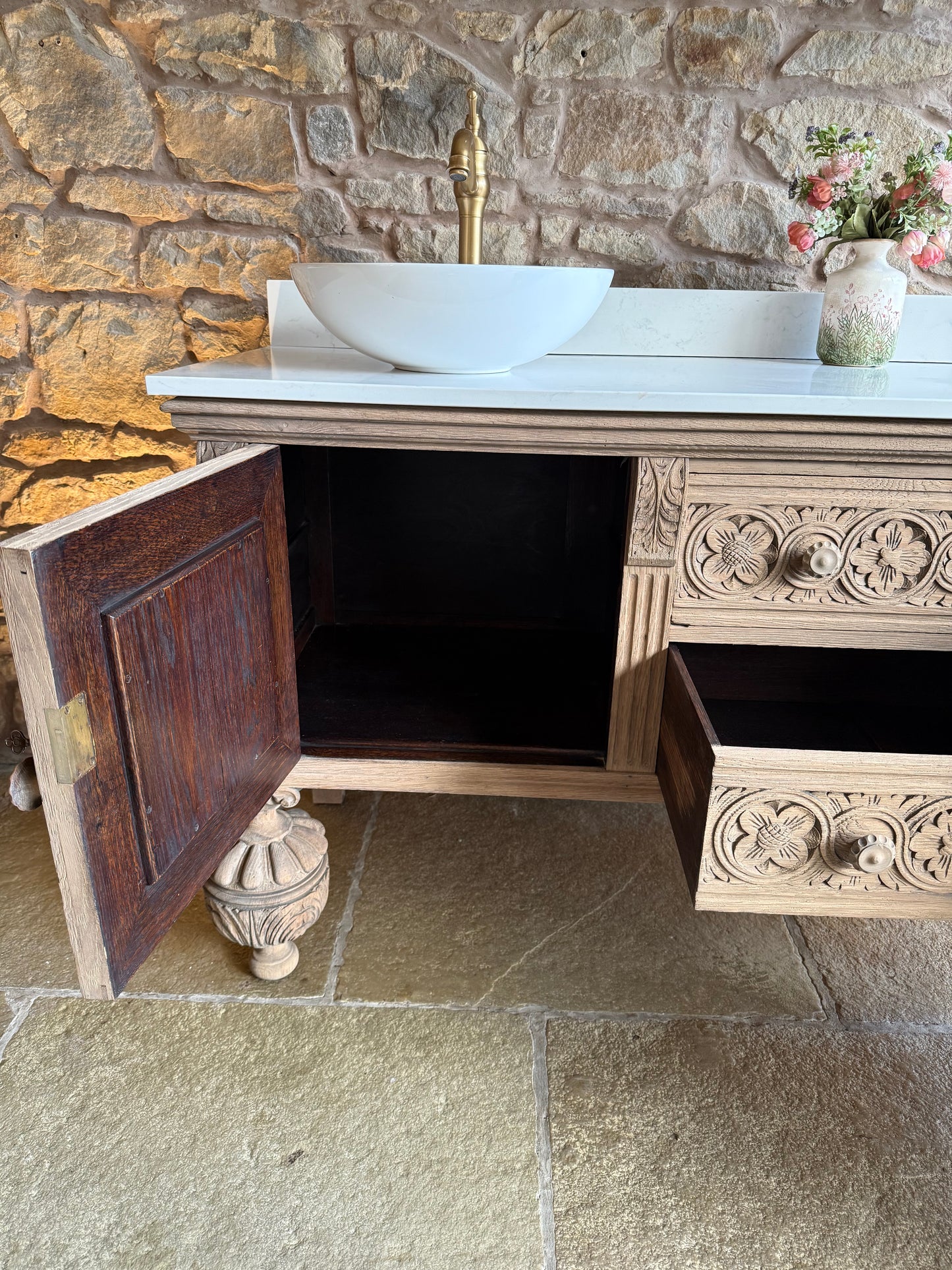 Antique Ornate Solid Oak large, double vanity Sink, Carrara Quartz top, Upstand and two basins. (185cm wide)