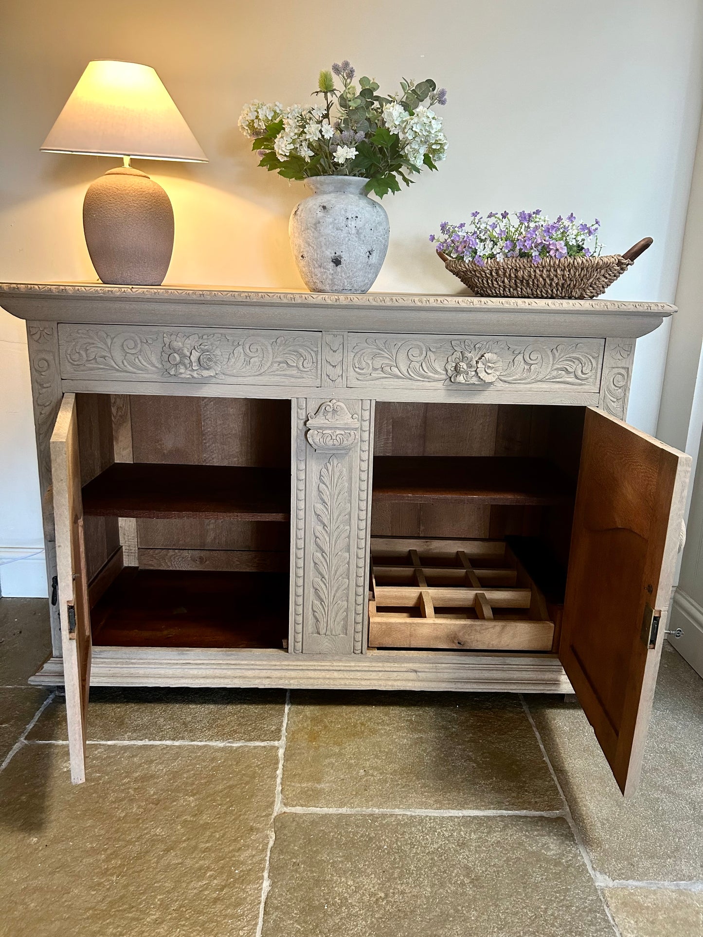 Antique Solid Oak Sideboard finished in a natural weathered oak style