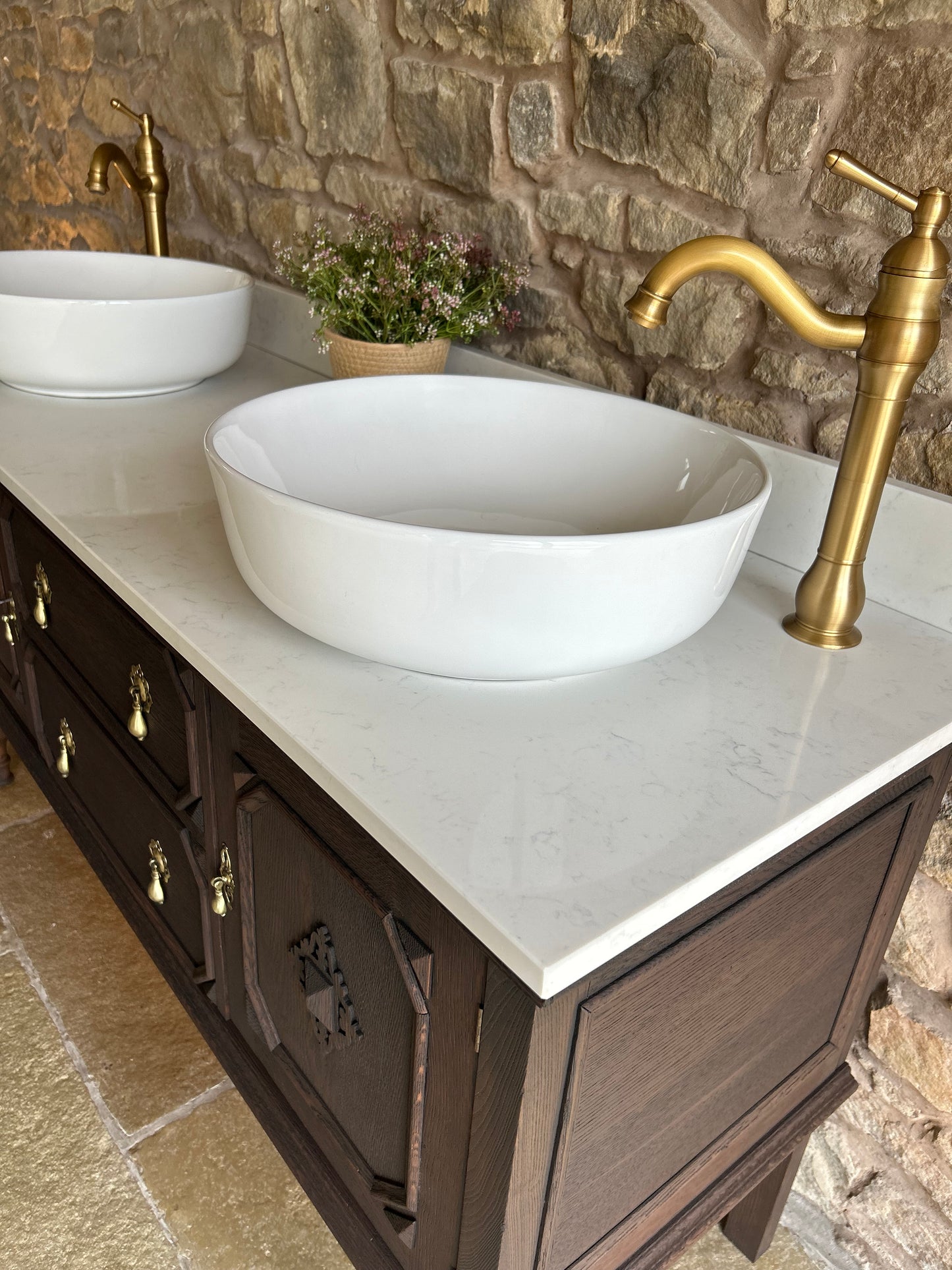 Classic Dark Solid Oak Double Vanity with Quartz top, Upstand and basins. (154cm wide)