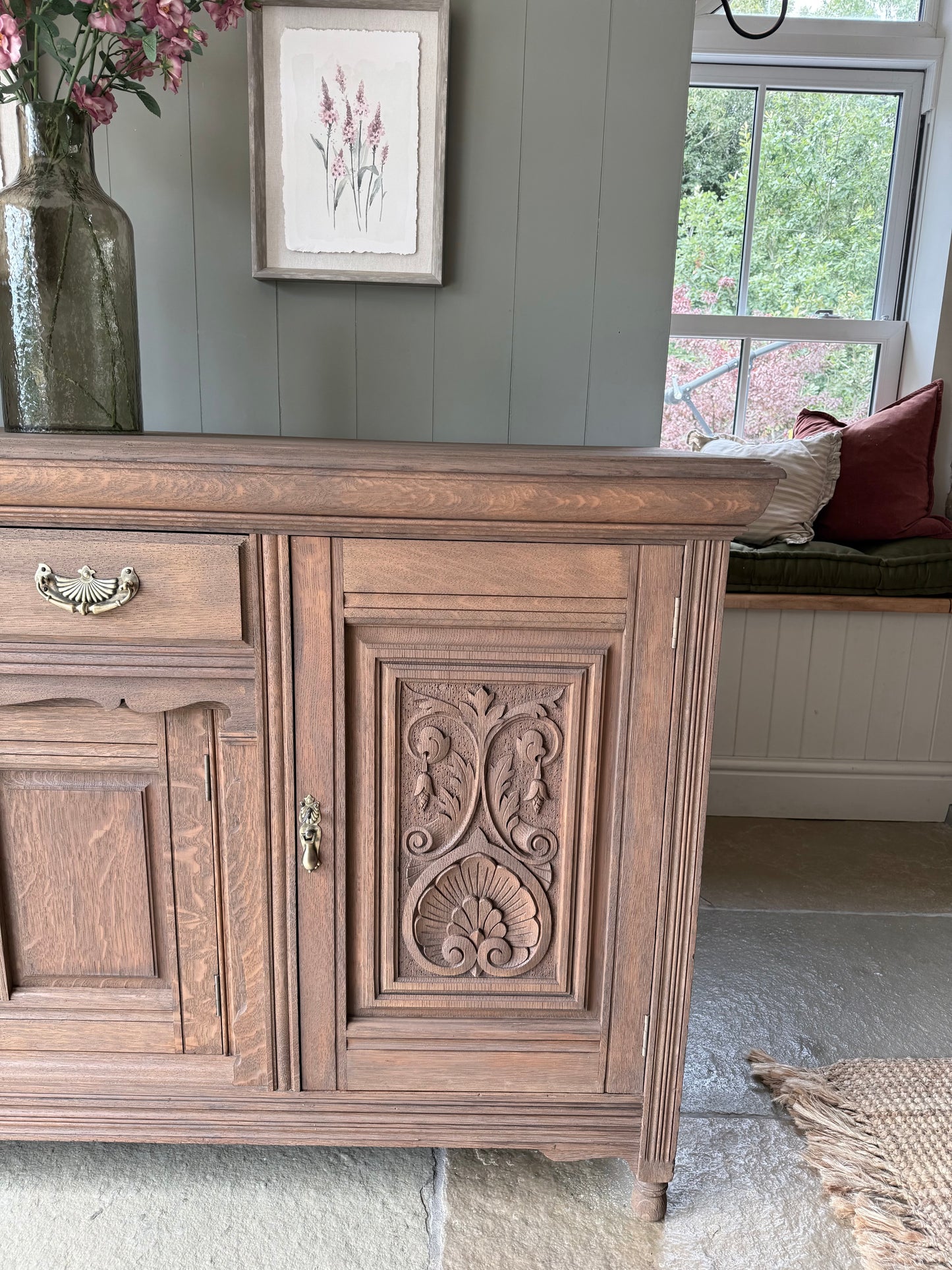 Large Antique Solid Oak Sideboard with beautiful carved detailing