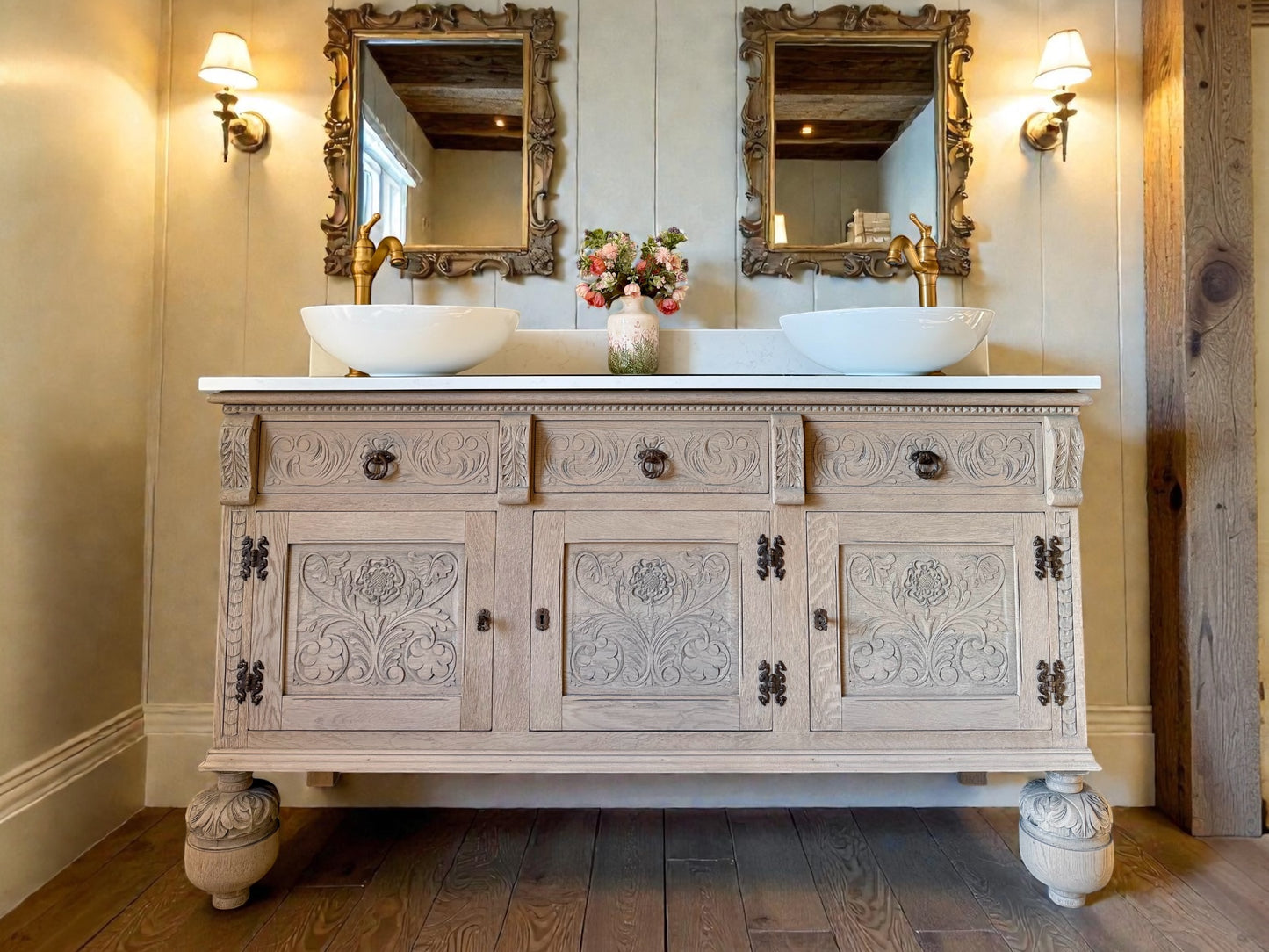 Solid Oak Vintage Double Vanity Sink Unit, Quartz top, Upstand and two basins