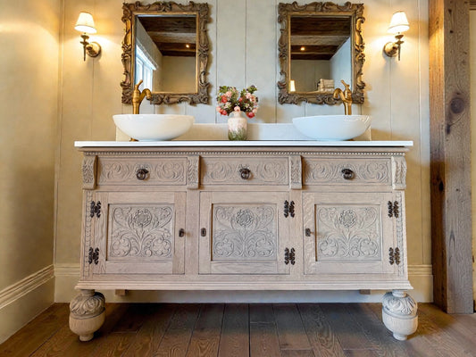 Solid Oak Vintage Double Vanity Sink Unit, Quartz top, Upstand and two basins