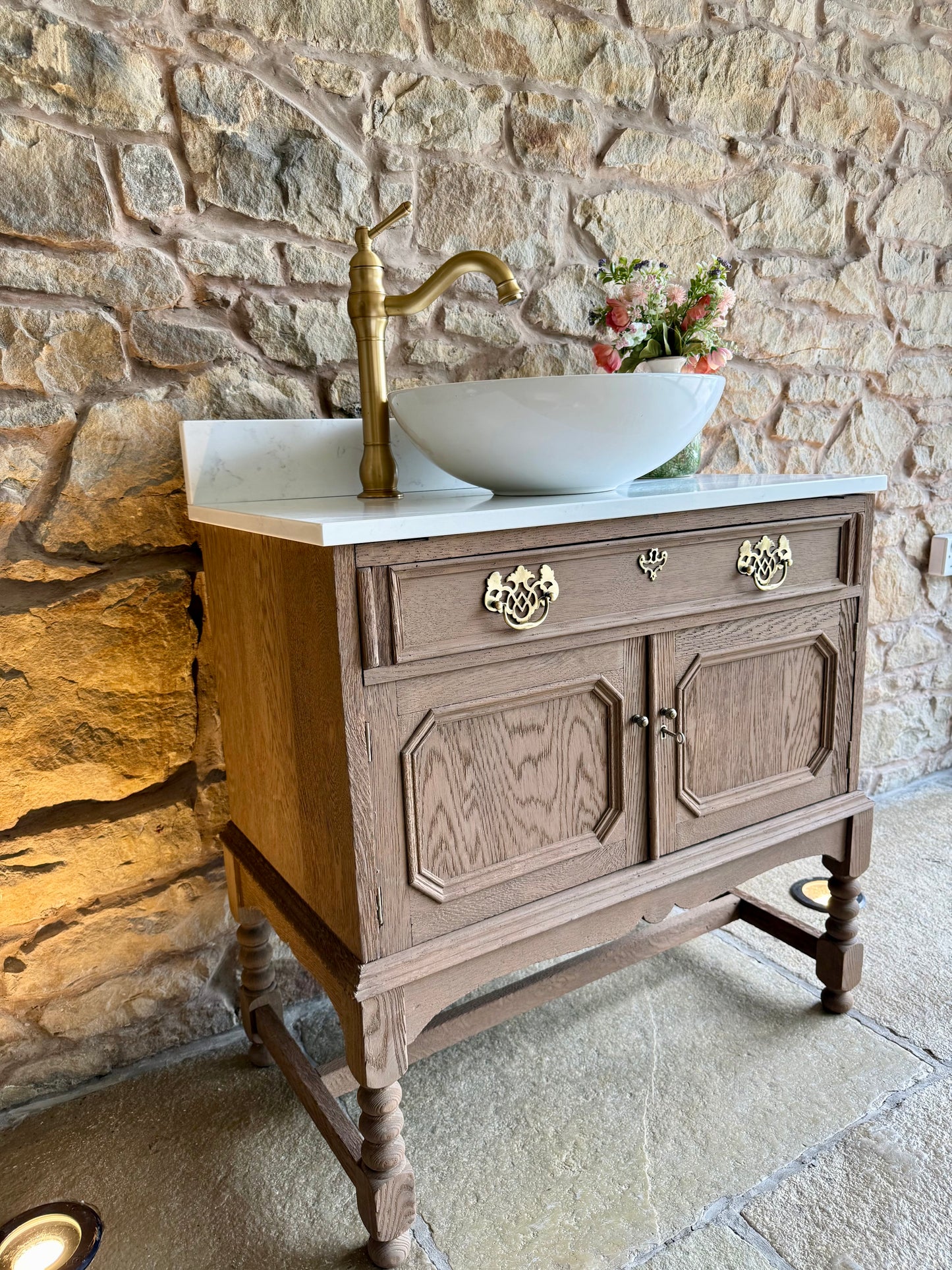 Solid Oak Vintage Vanity Sink Unit, Quartz Top, Upstand and Basin. (79cm wide)