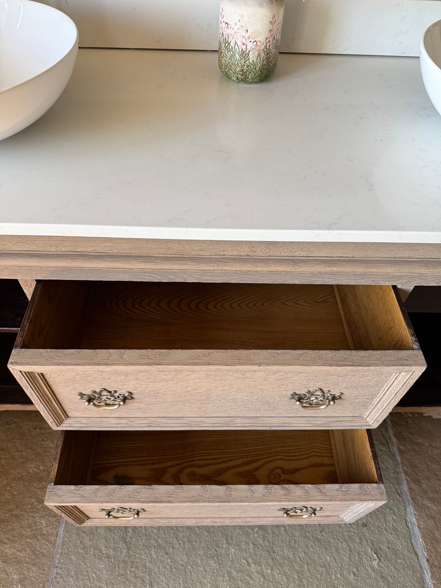 Large Vintage Vanity Sink, Carrara Quartz top, Upstand and two basins (168cm wide)