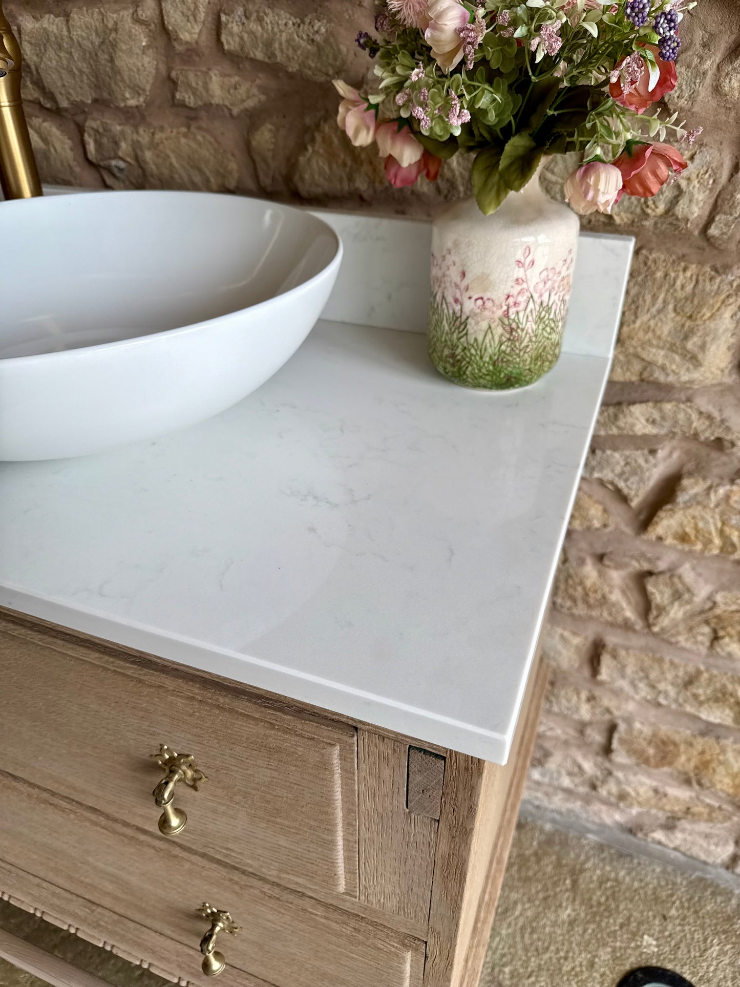Small Vintage Oak Vanity Sink, Quartz Top, Upstand and Basin (75cm wide)