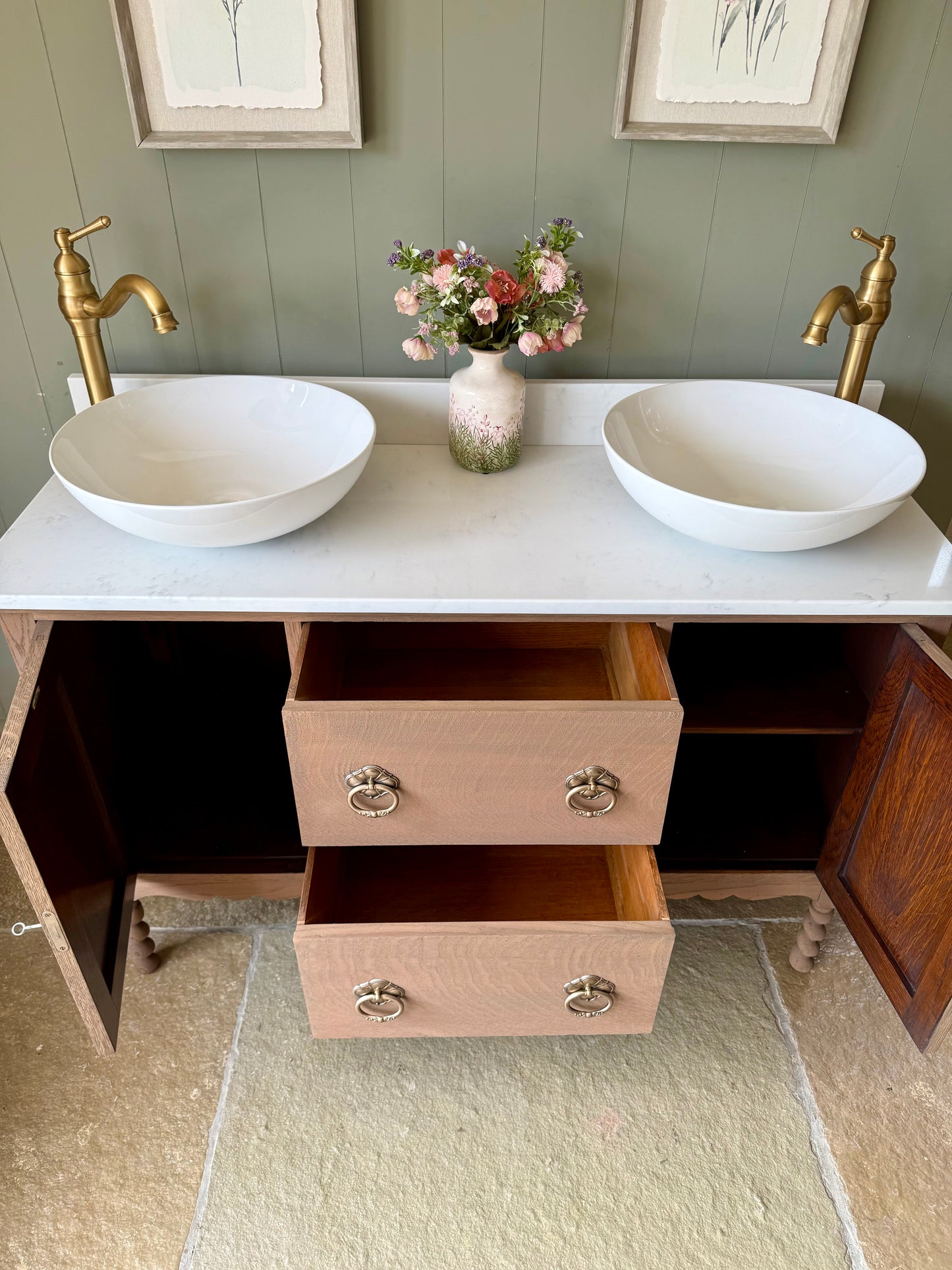 Double Vanity Sink in Mid Oak, Carrara Quartz top, Upstand and two basins (124cm wide)
