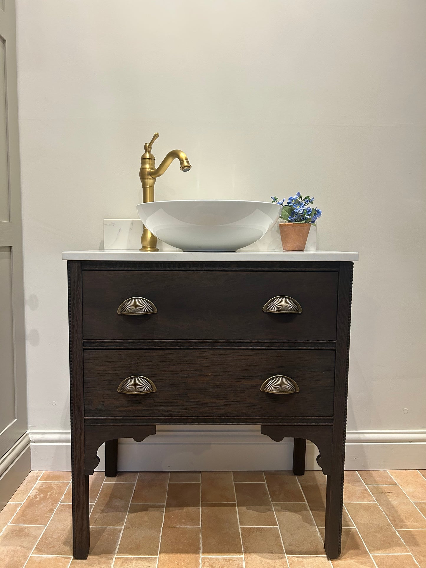 Small Vanity Sink with quartz top, Upstand and countertop basin 69.5cm wide