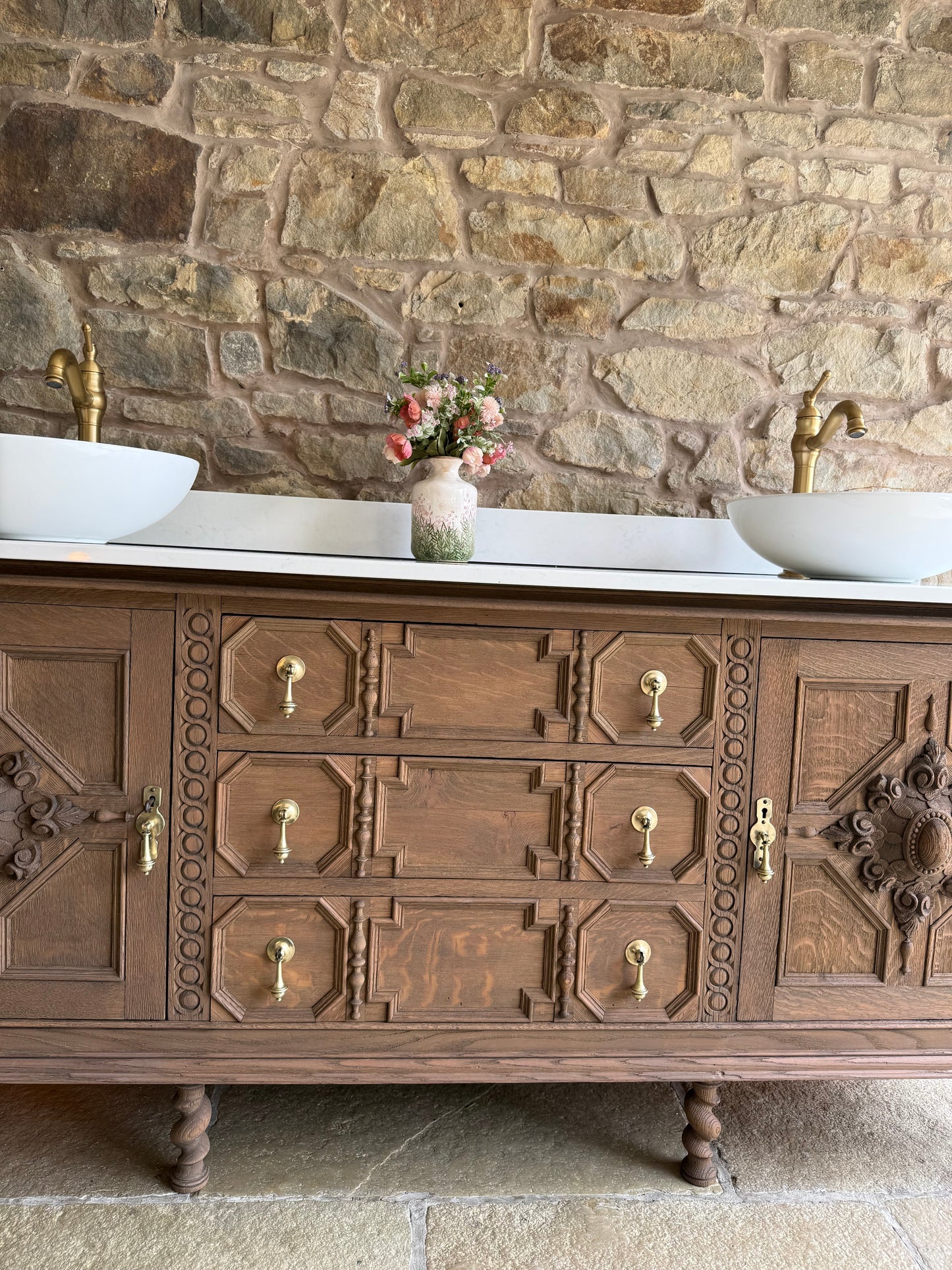 Large Carved Antique Solid Oak Vanity Sink Unit, Carrara Quartz Top, Upstand and TwoBasins.(182 cm wide)