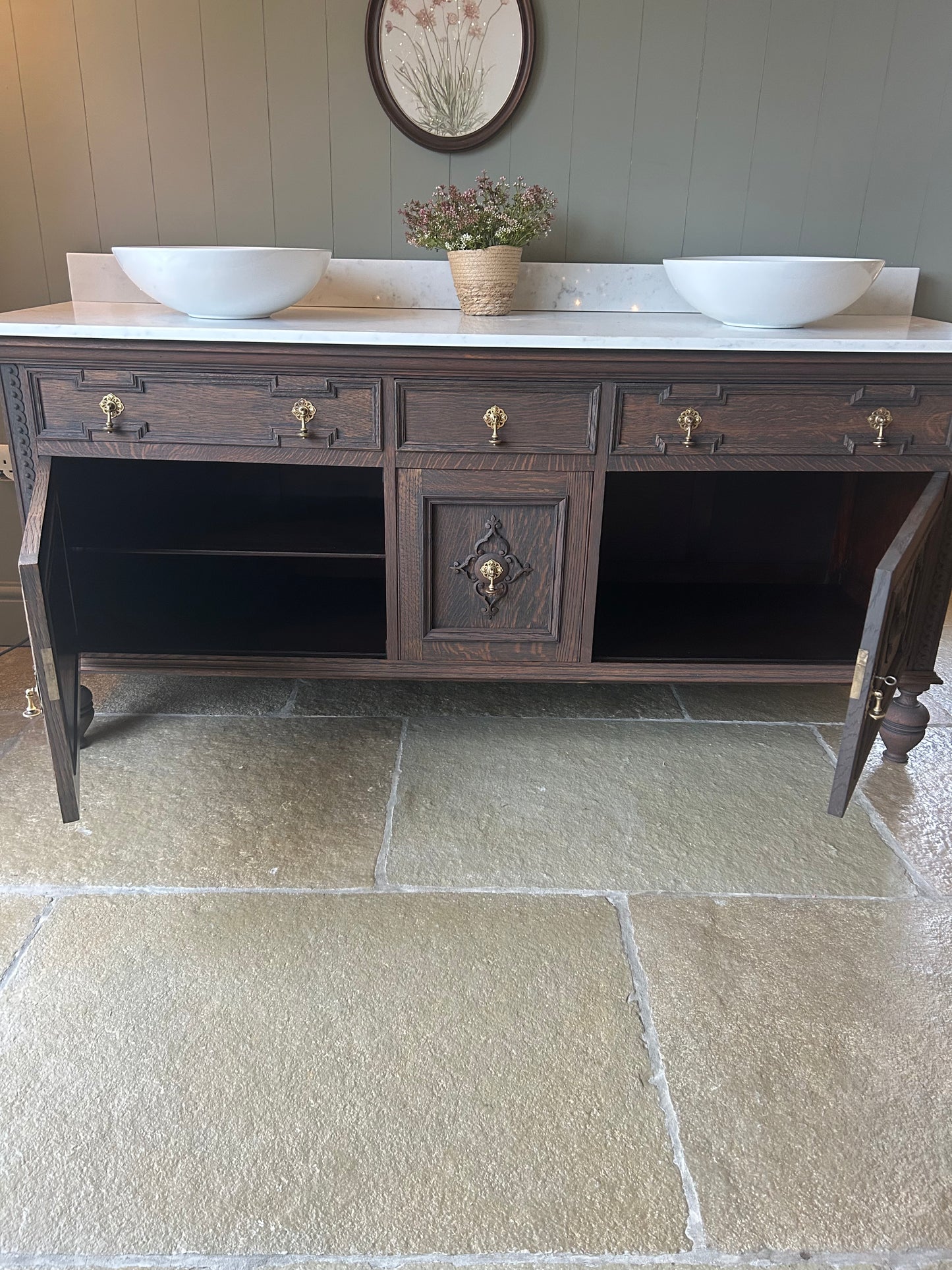 Large Vintage Double Vanity Sink 185cm in Dark Oak, Quartz top, Upstand and Basins