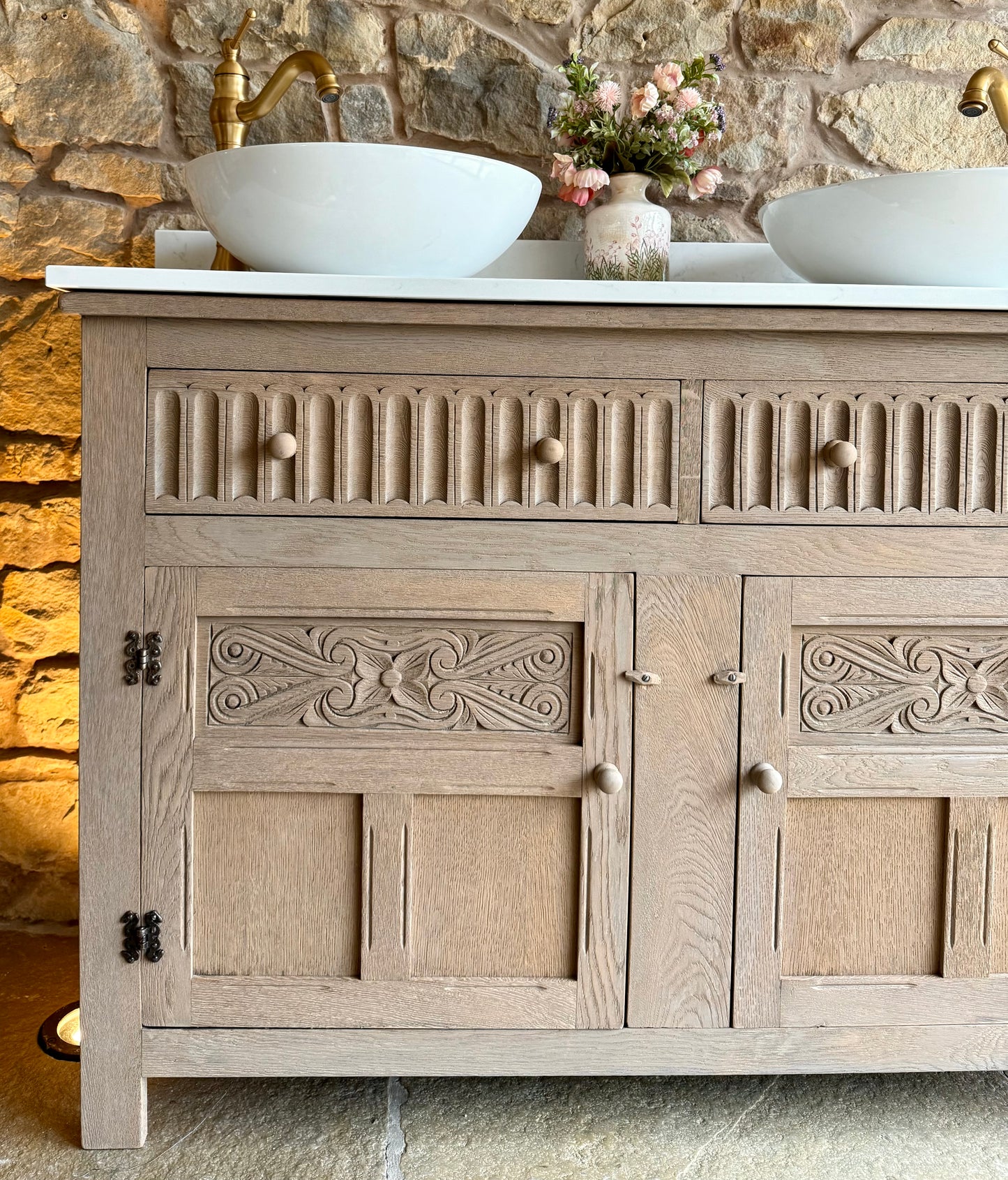 Solid Oak Double Vanity Sink Unit, Quartz Top, Upstand and two basins. (127cm wide)
