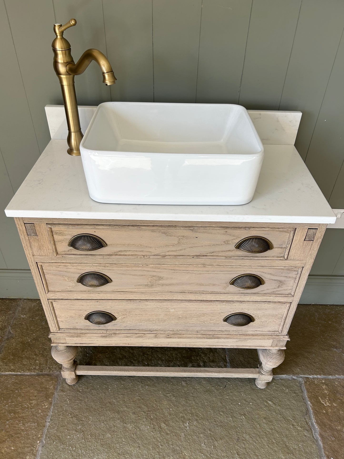 Small vintage  Quartz topped vanity sink in a light weathered Oak. 76cm wide