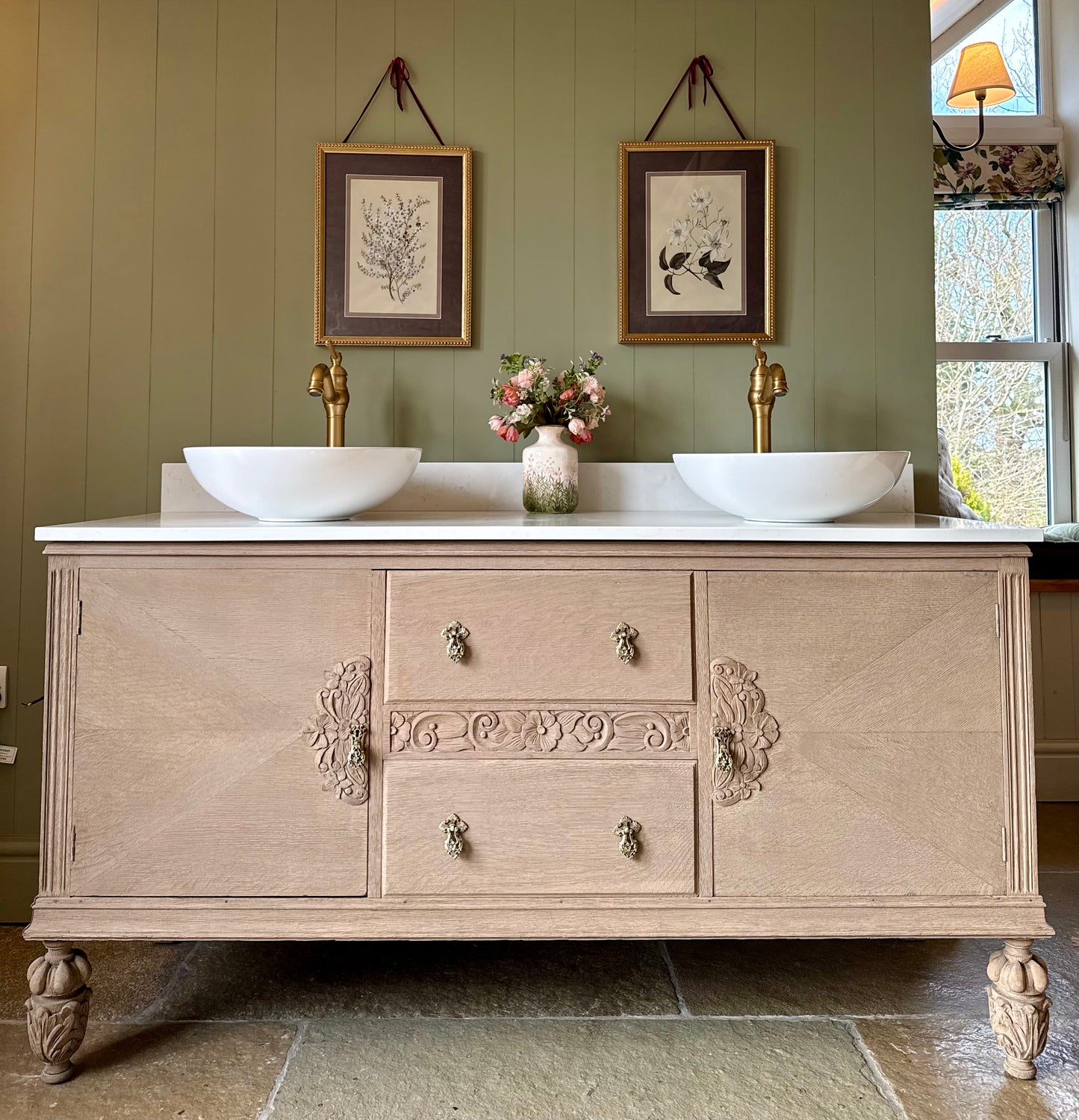 Beautiful, Vintage Solid Oak , Double Vanity Sink, Carrara Quartz top, Upstand and two basins (154.5cm wide)