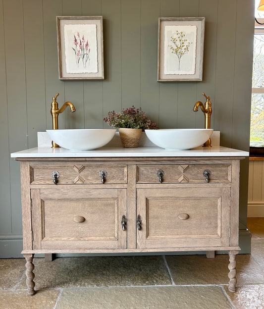 Rustic Weathered Oak Double Vanity Sink, quartz top, Upstand and two basins. (123cm wide)