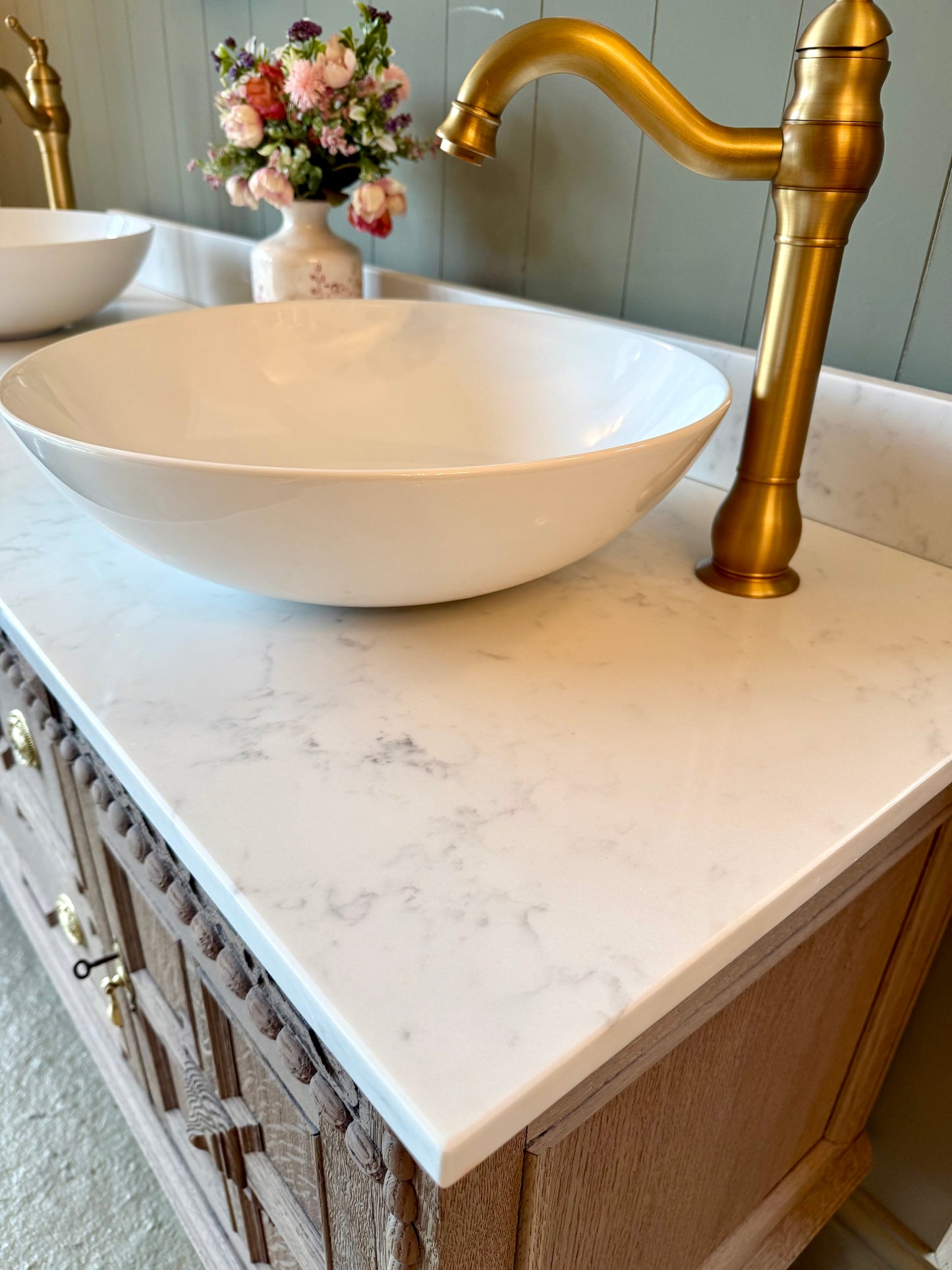 Large Vintage Light Solid Oak Vanity Sink, Carrara Quartz top, Upstand and two basins. (153cm wide)