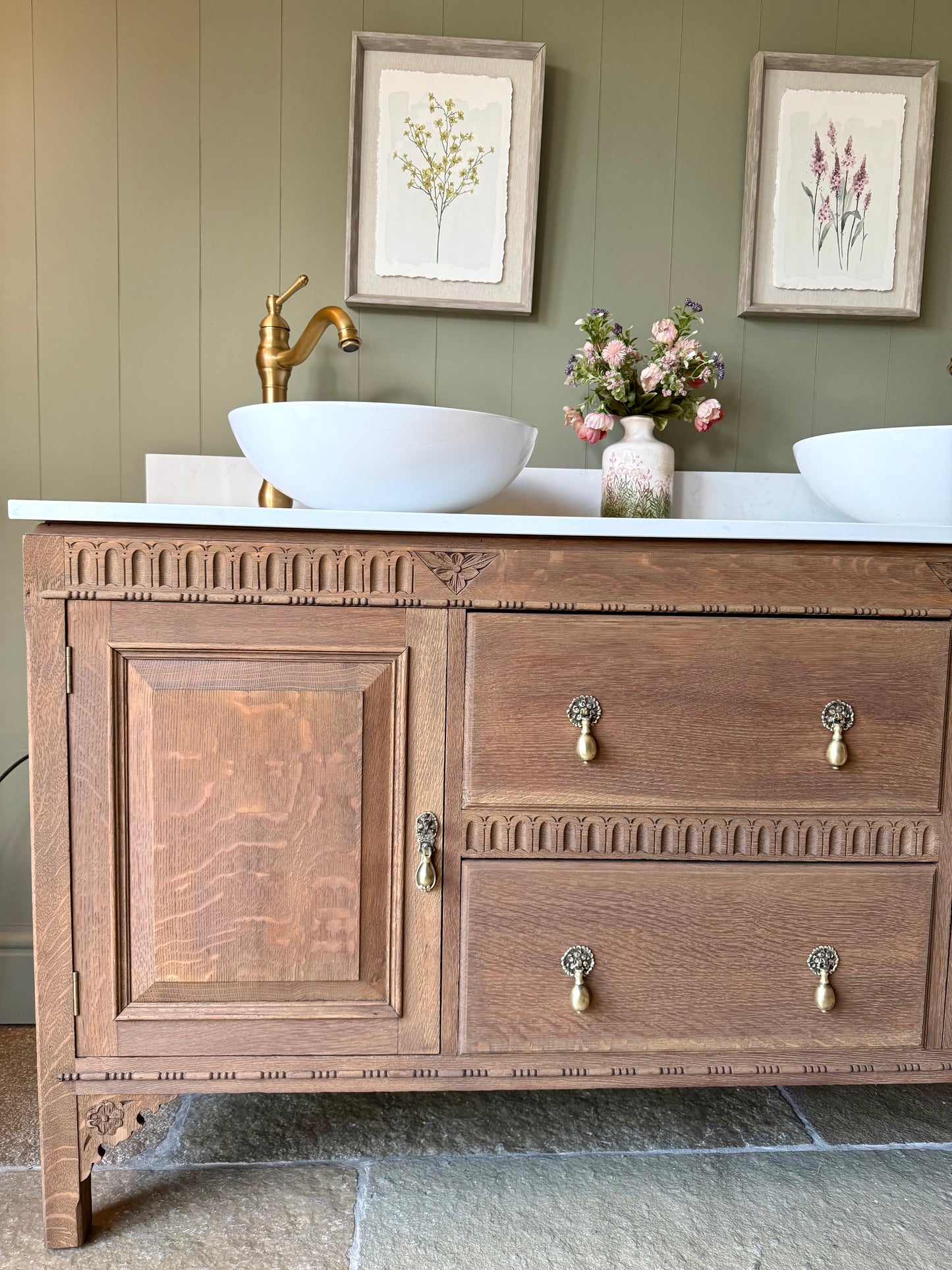 Large Double Vanity Sink, Carrara Quartz top, Upstand and two basins. (154cm wide)