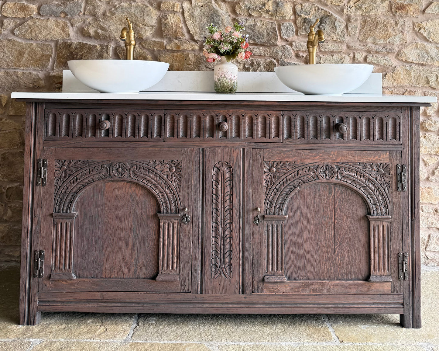 Vintage Vanity Sink Unit in a Classic Dark Oak, Quartz Top, Upstand and Two basins (155cm wide)