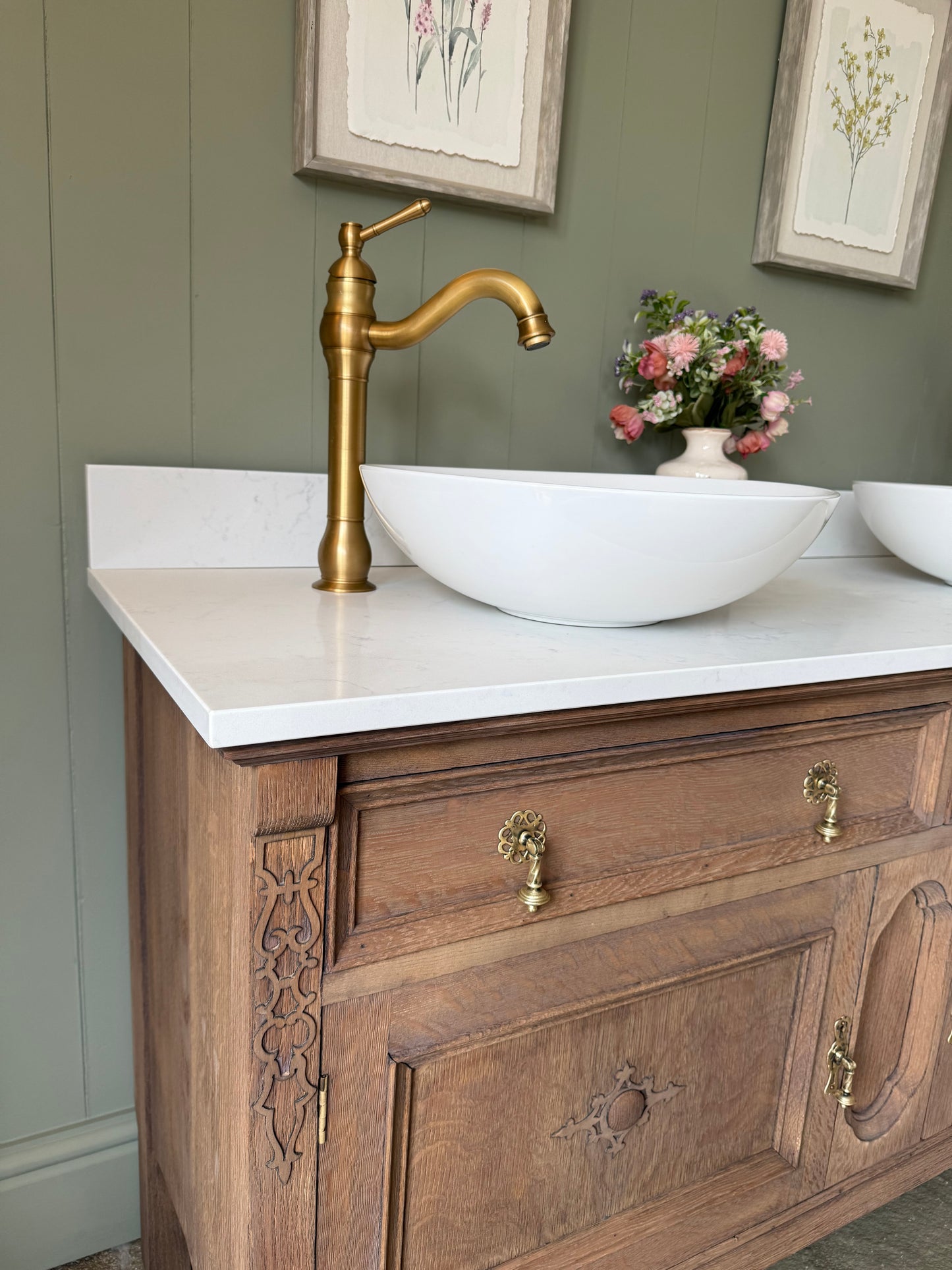 Vintage Mid Oak Vanity Sink, Quartz top, Upstand and two basins. (138cm wide)