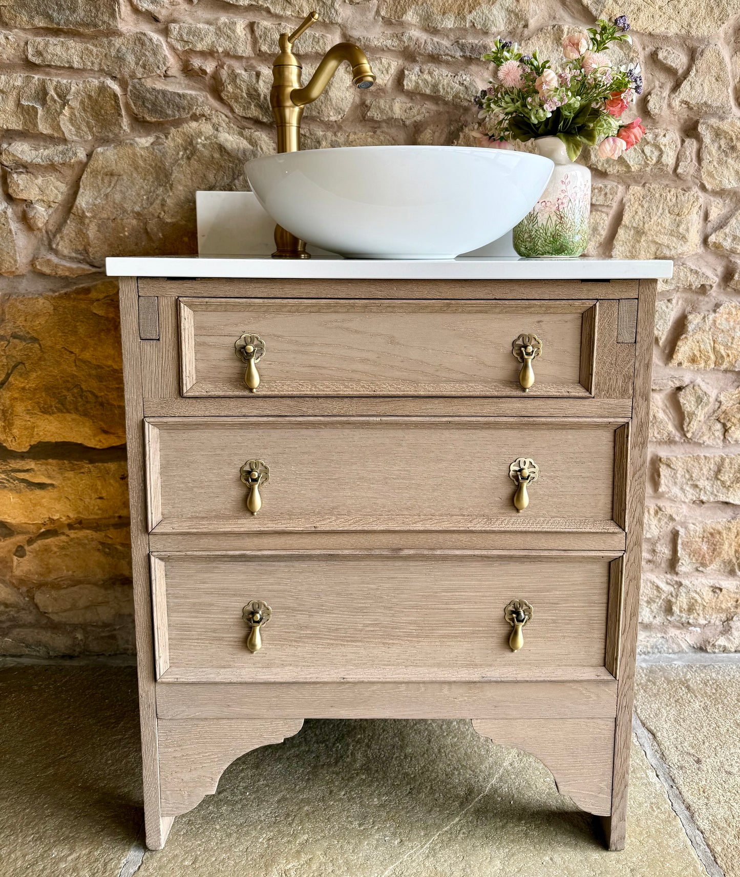 Small Vintage Oak Vanity Unit, Quartz top, Upstand and basin.