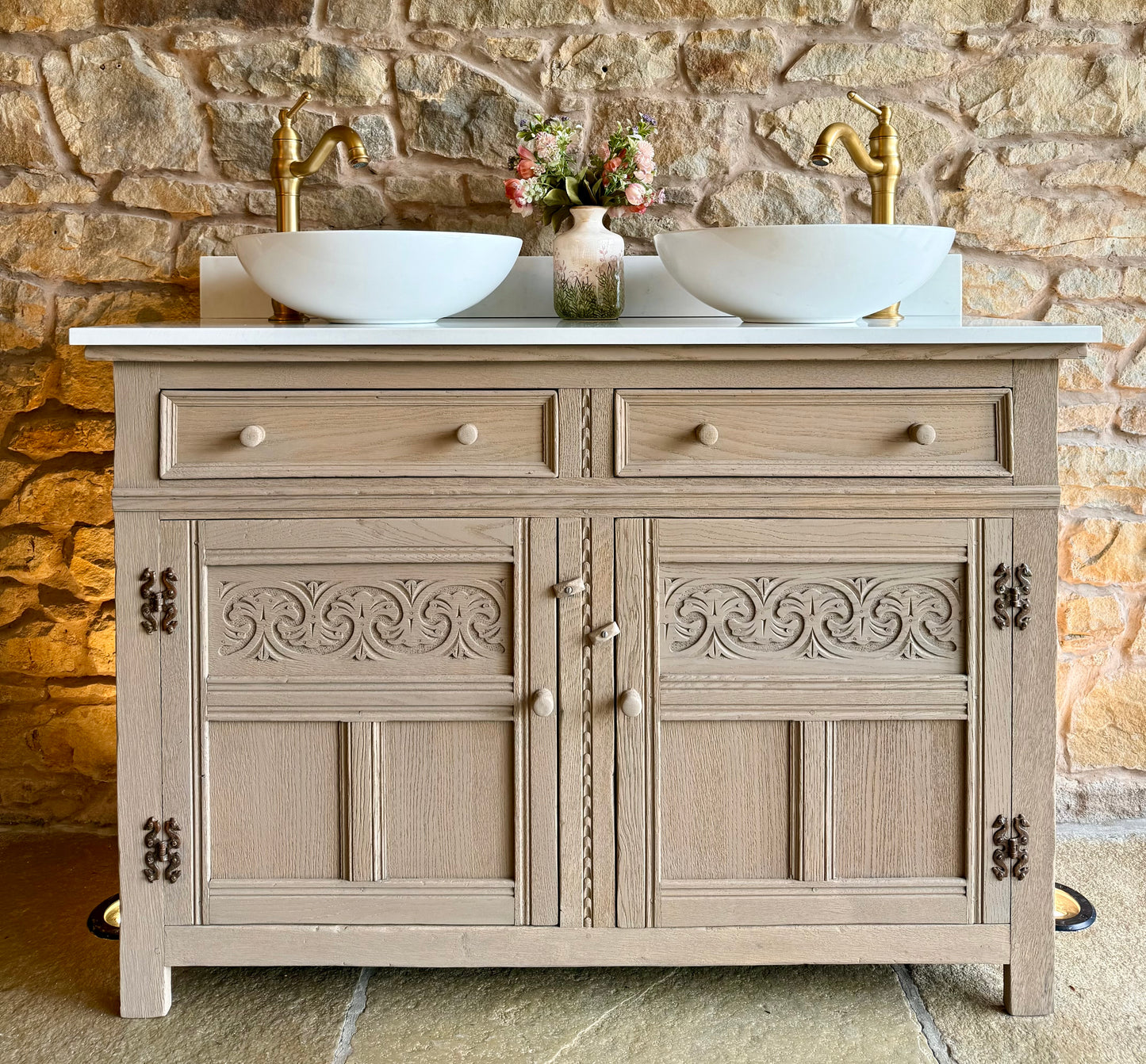 Vintage Light Oak Double/or Single Vanity Sink Unit, Quartz Top, Upstand and two basins (124cm wide)