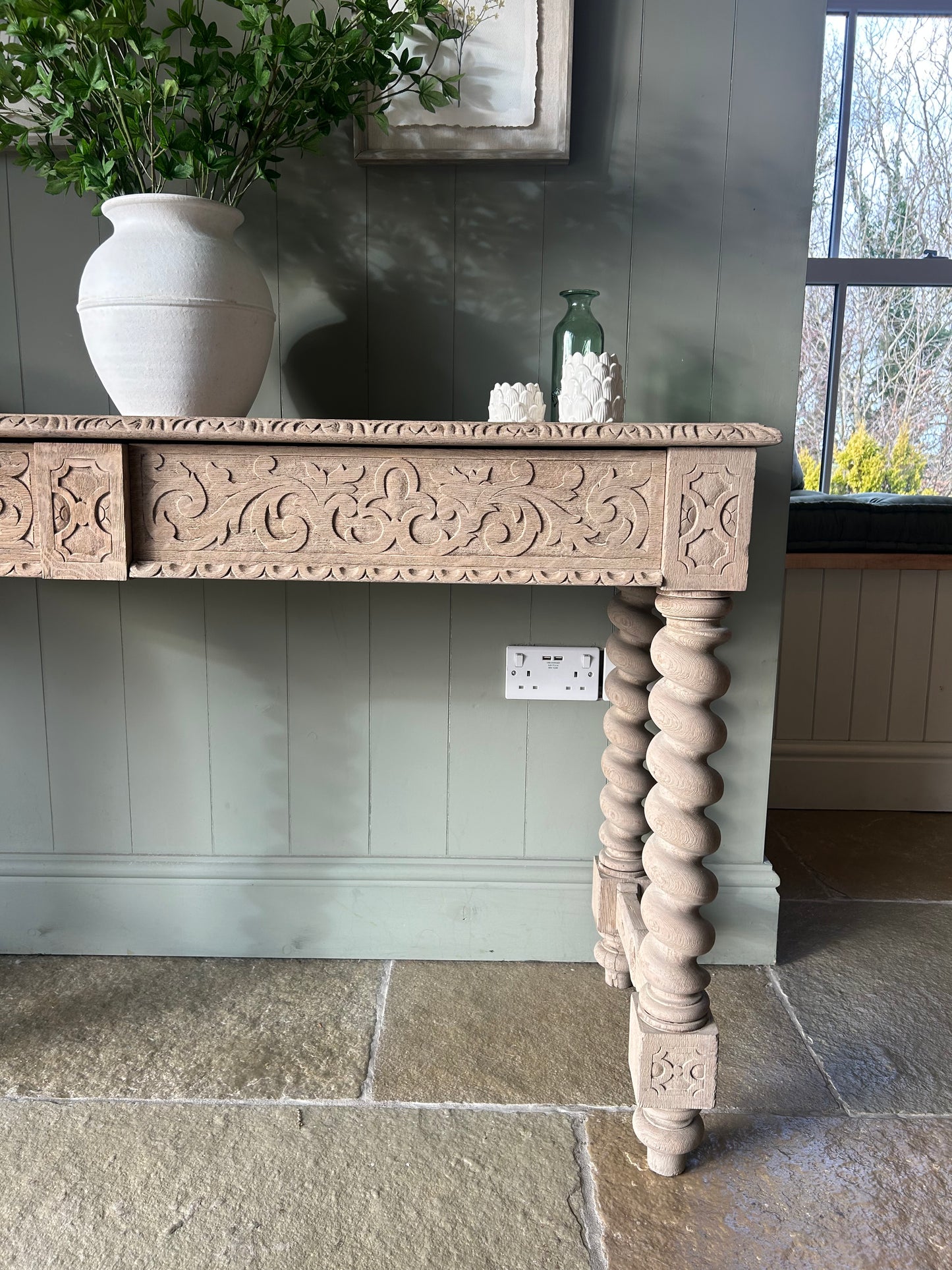 Large Carved Oak Console Table on symmetrical twist legs. 138cm Wide