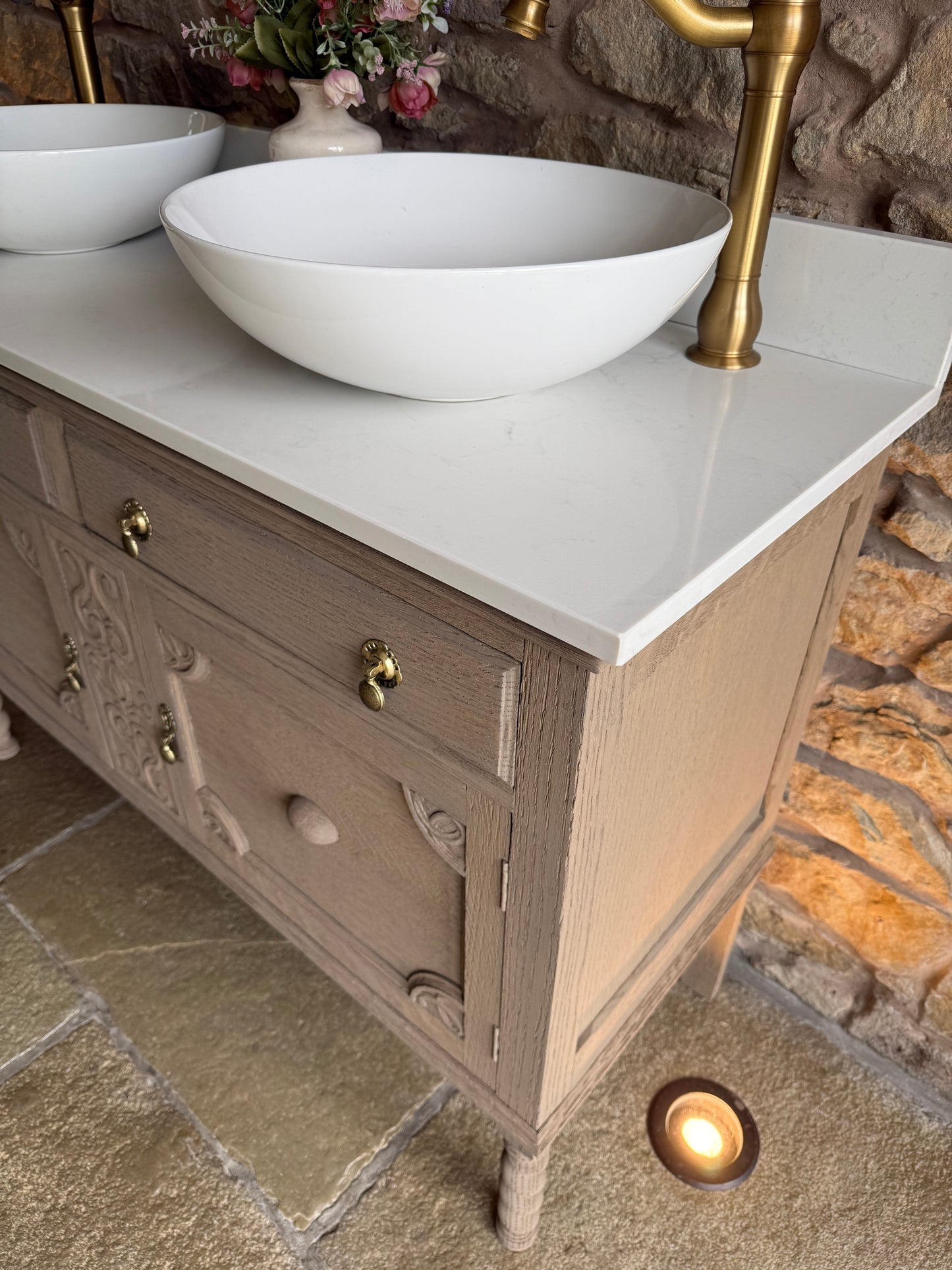 Vintage Light Oak Double Vanity Sink Unit, Carrara Quartz Top, Upstand and Basins (121cm wide)
