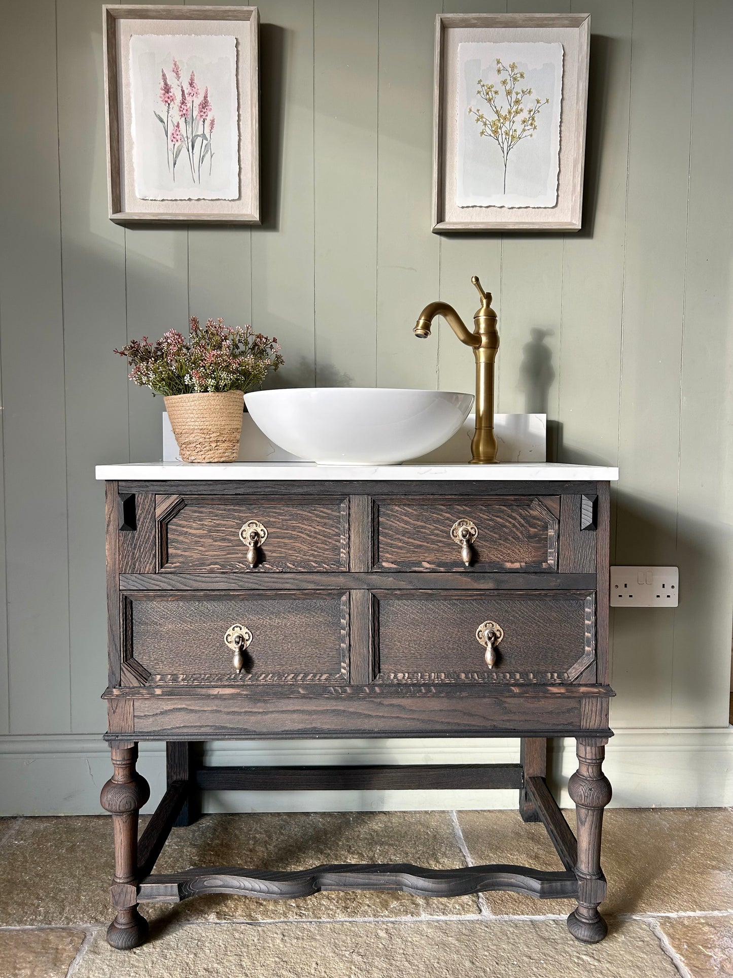 Dark Solid Oak Vintage Vanity Sink with quartz top, Upstand and Basin. 76cm wide