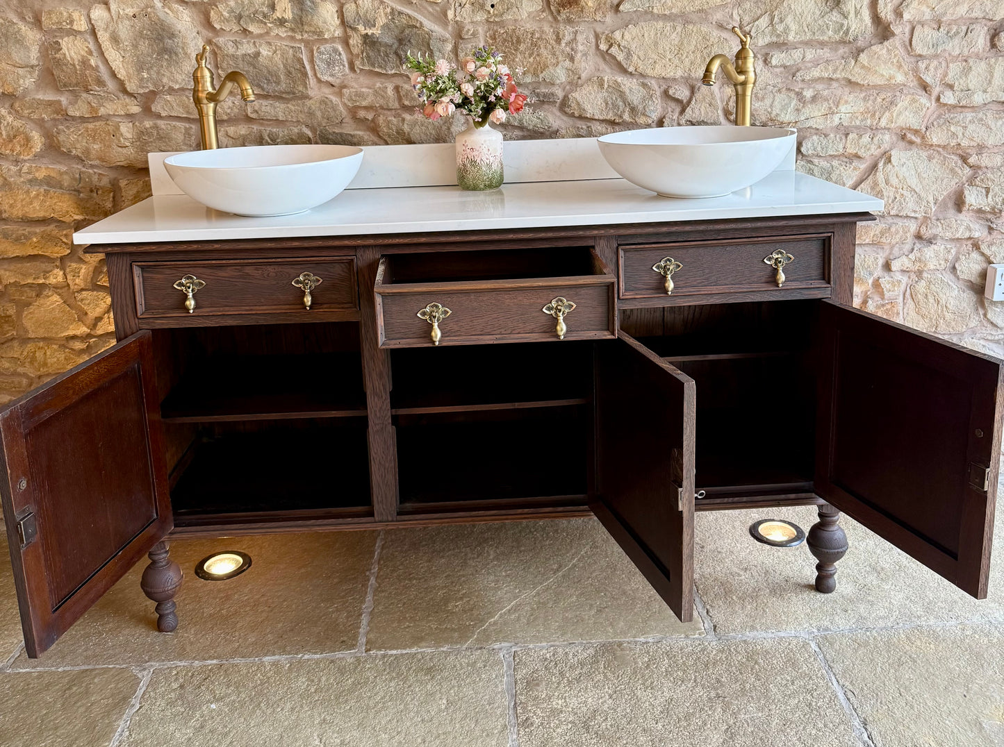 Large Vintage Vanity Sink in a Classic Dark Oak, Quartz Top, Upstand and Two Basins (154cm)