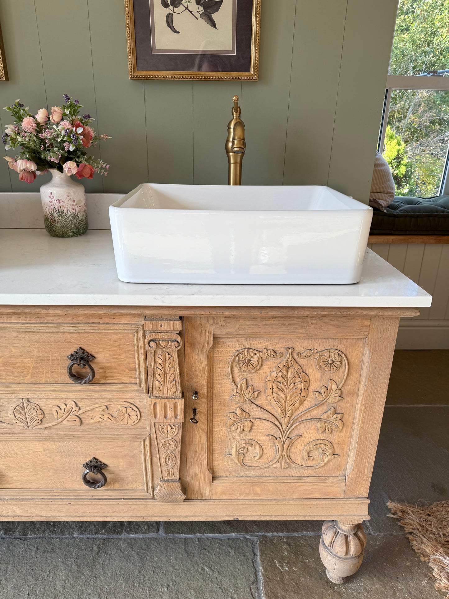 Pretty Carved Oak Vintage Vanity Sink Unit, Carrara Quartz top, Upstand and two basins (can be rectangular or circular basins) 154cm Wide