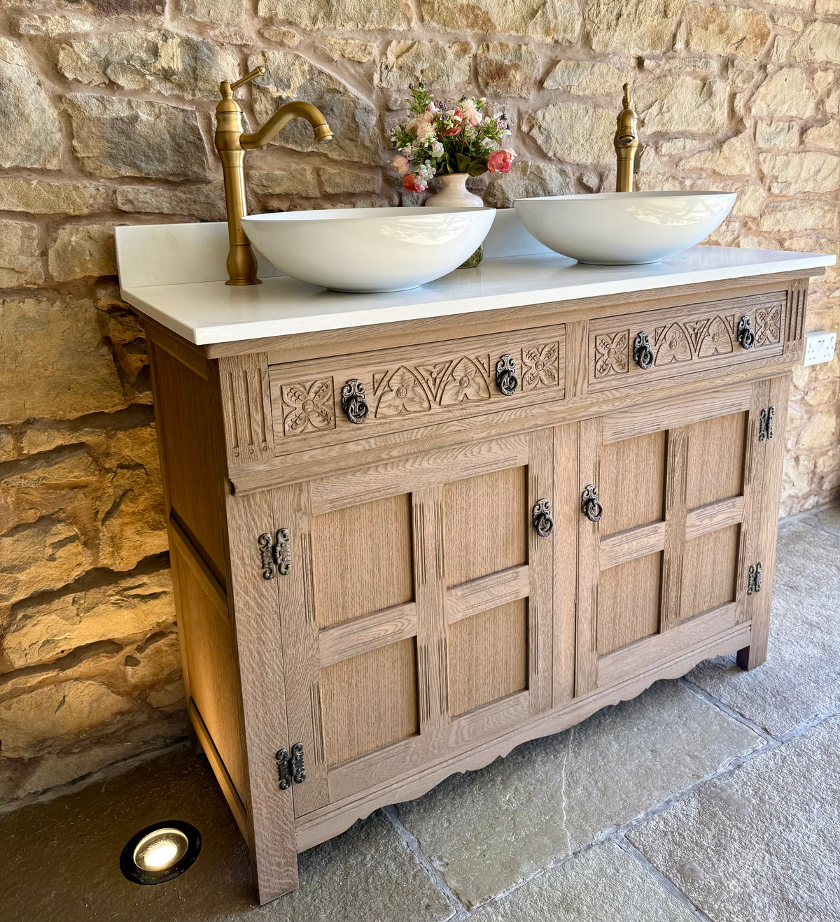 Rustic Oak Vanity Sink Unit, Quartz top, Upstand and two basins(124cm)