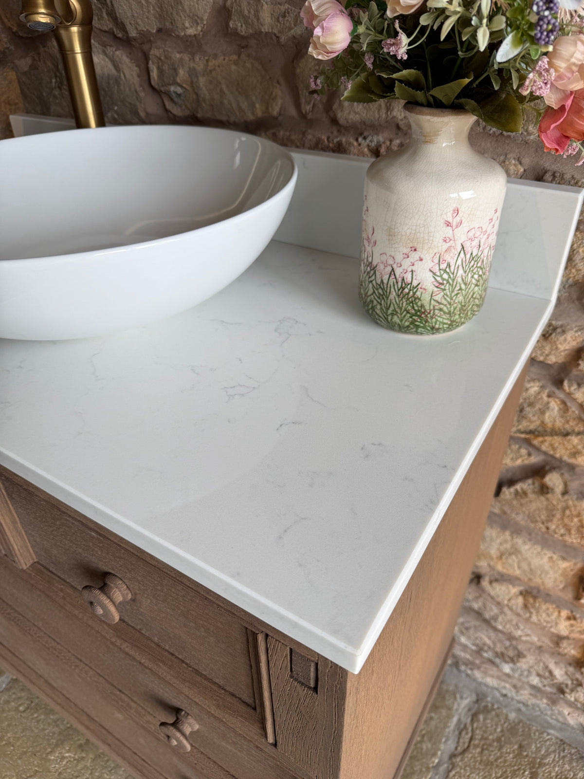 Vintage Oak Vanity Sink Unit, Quartz Top, Upstand and Basin (78cm wide)
